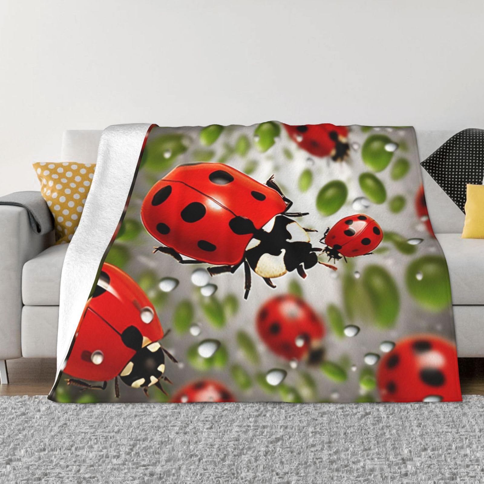 Fodpand Black Ladybug Flannel Blanket 80"X60" - Ultra-Soft Lightweight Throw Blanket For Bed, Sofa, And Couch - Luxury Air Conditioning Blankets - Cozy Warm Blankets For All Seasons
