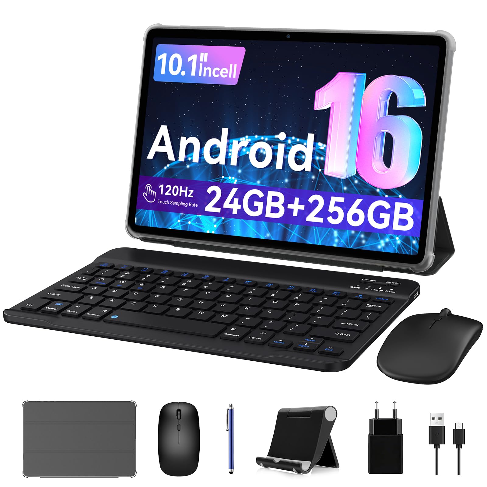 2026 Tablet 10 Pulgadas Android 16, 24GB RAM + 256+2TB TF, Gemini AI, Octa-Core, 5G WiFi 6, Widevine L1, GMS, GPS, BT 5.0, 5000mAh, 5+8MP, 3.5mm Audio, FHD Tablet con Teclado + Ratón + Funda