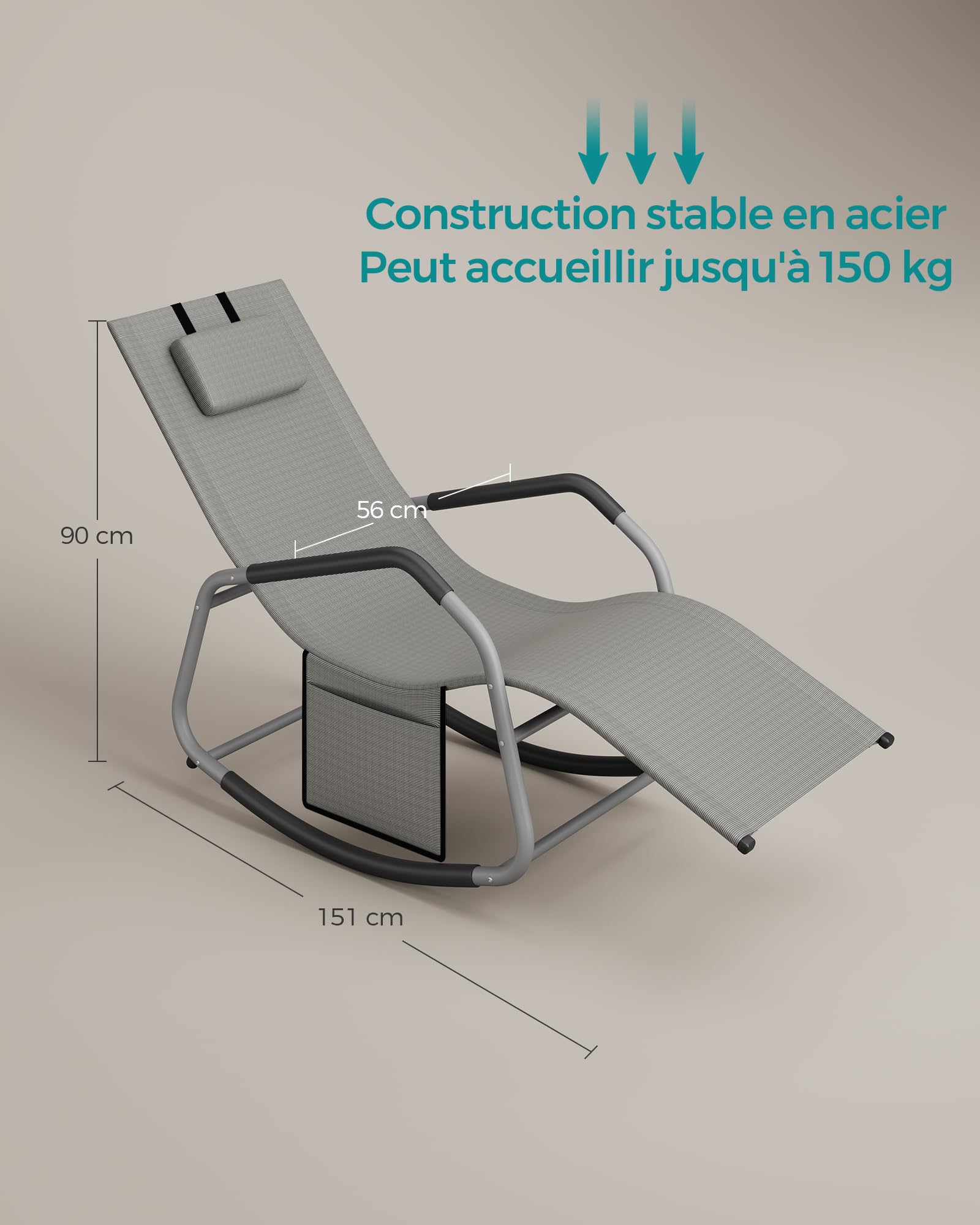 SONGMICS Fauteuil à Bascule avec Appui-tête Réglable, Chaise Longue Anti-Renversement, Cadre en Acier, Tissu Respirant, Poche, pour Jardin, 151 x 56,2 x 97,3 cm, Gris Tourterelle GCB230G01