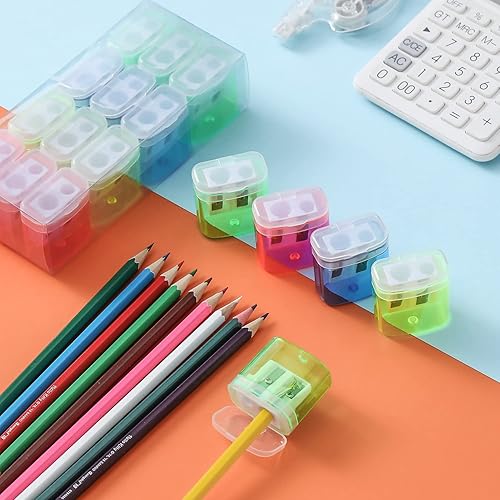 Miniatura 3 de Paquete de 24 sacapuntas con tapa sacapuntas manuales compactos de doble agujero con tapa y receptáculo sacapuntas de mano portátiles coloridos para