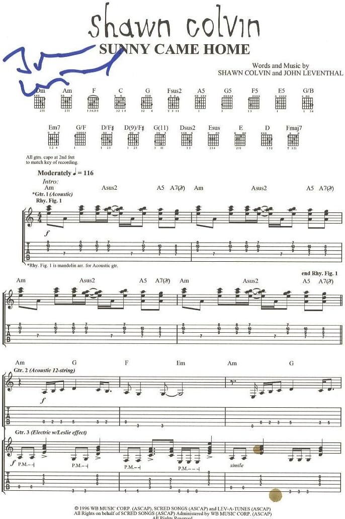 Shawn Colvin songwriter John Leventhal "Sunny Came Home" Autographed Music at Amazon's