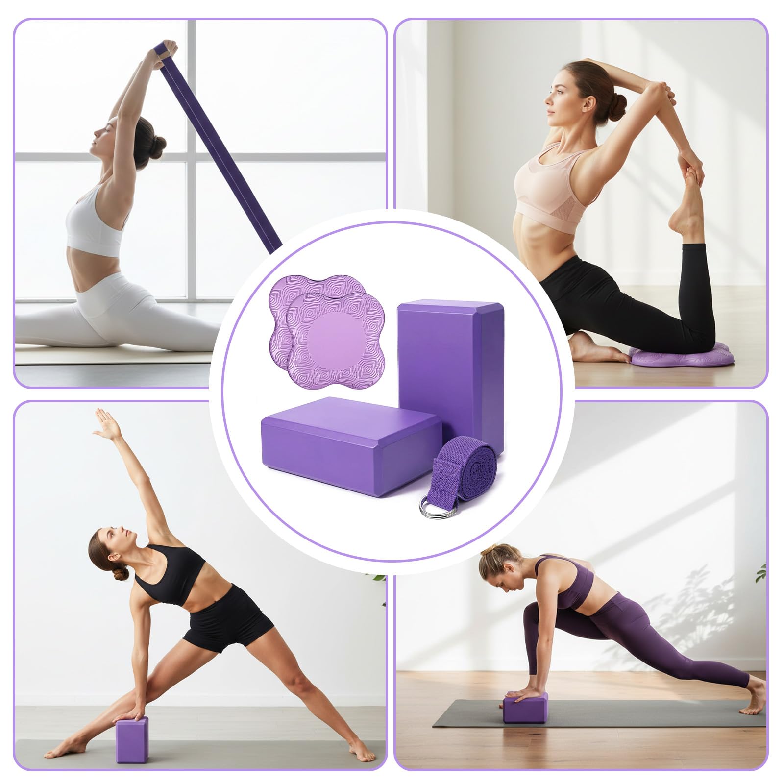 Yoga-Blöcke, Knieschoner, Yoga-Gurt-Set, weiche Premium-Schaumstoffblöcke, Zubehör für Pilates, Meditation, allgemeine Fitness, Stabilität, Knien, Gleichgewicht, Deepen Stretches und Toning, Violett