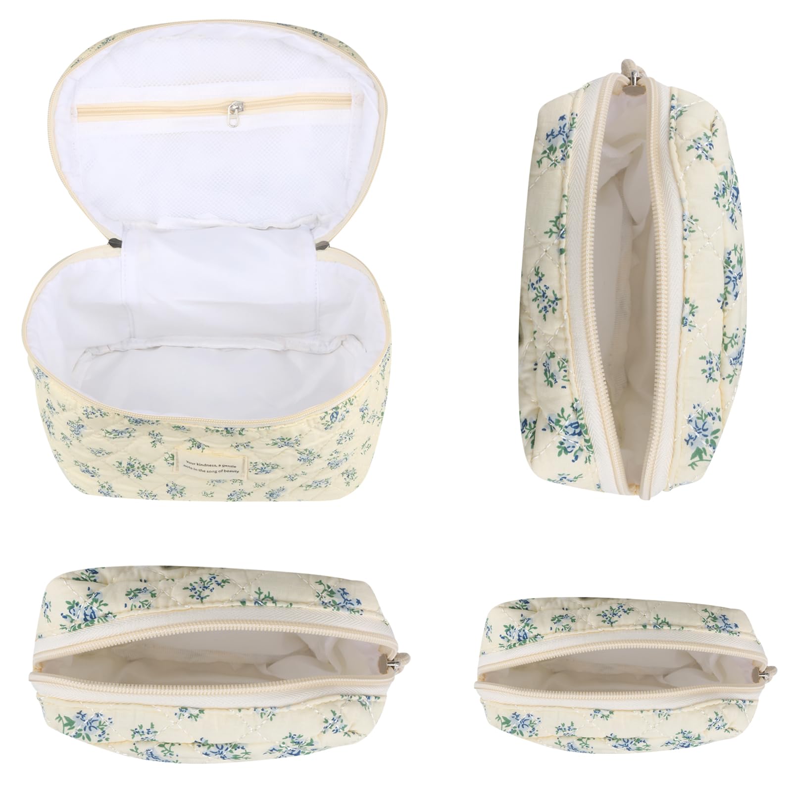 VIWIME Make-up-Kosmetiktasche, groß, Baumwolle, gesteppt, Reise-Kokette, ästhetisch, niedliches Blumenmuster, Make-up-Tasche für Damen, Kulturbeutel, 203 - Blaue Rose, 4 Stück, 10.1x5.8x5.4 inches