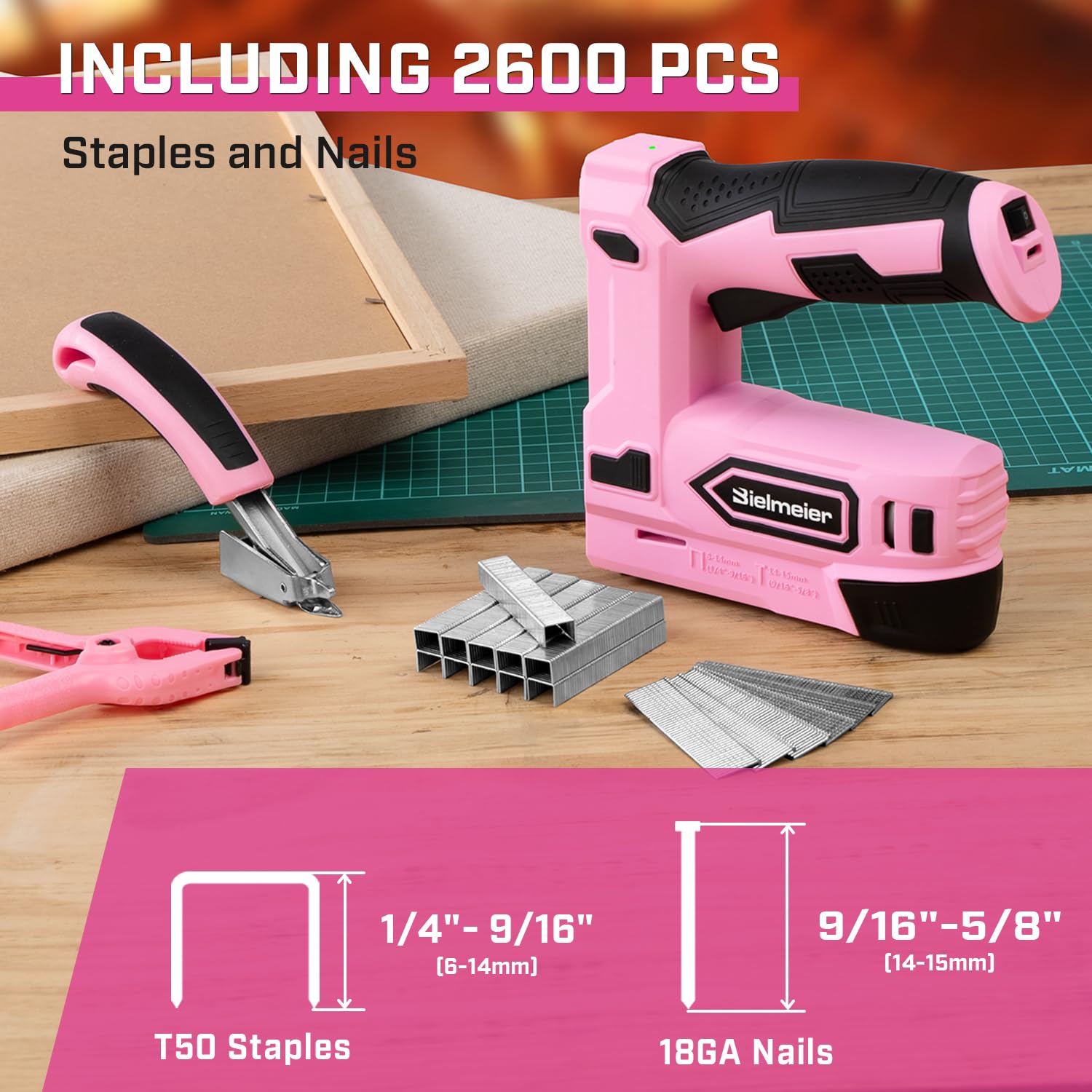 Bielmeier Pink Cordless Staple Gun, 2in1 Nail Gun