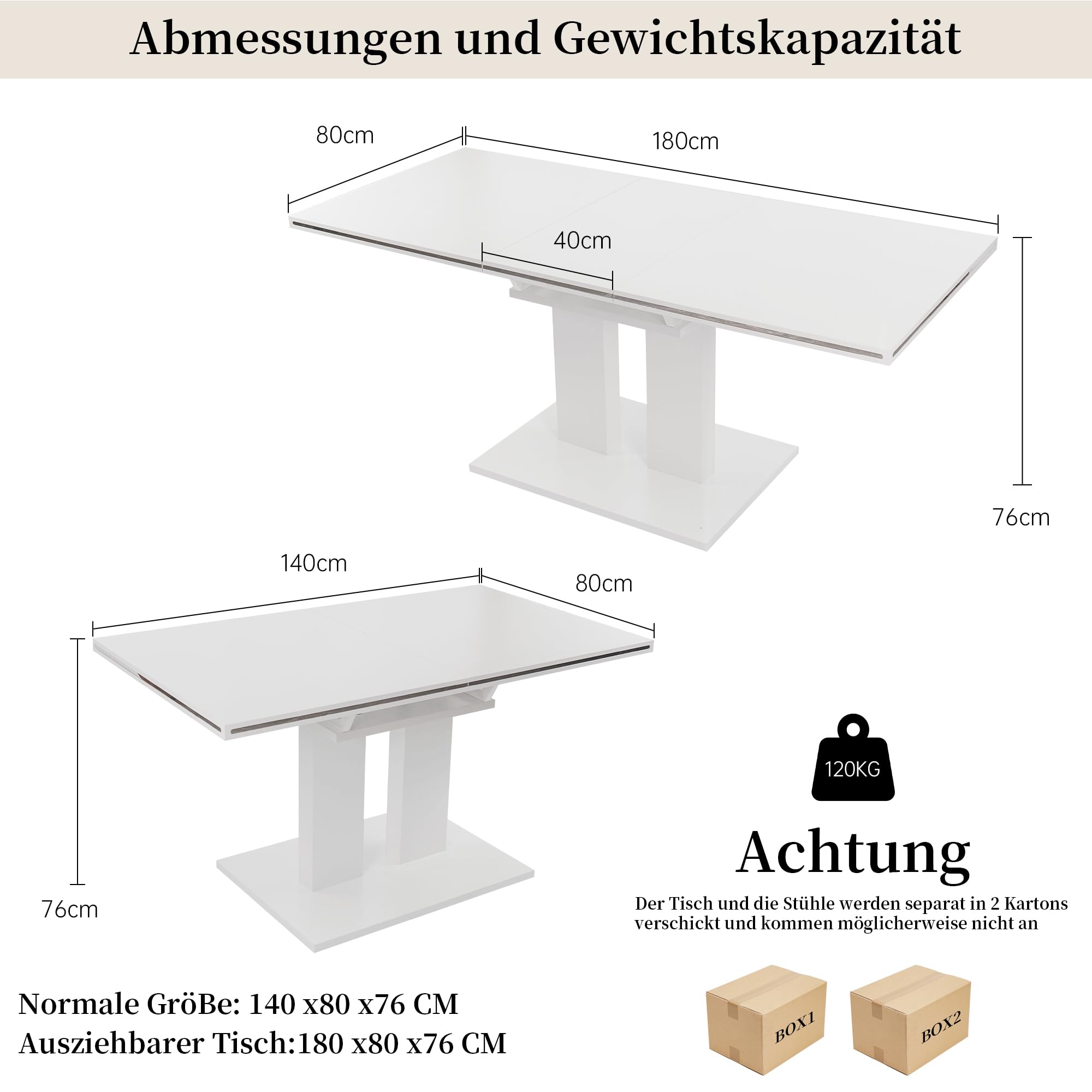 JIEXI Esstisch Ausziehbar, weißer MDF-Tisch 140-180cm für Küche, Esszimmer | Moderne Hochglanz-Tischplatte, stabiles Untergestell, Platz für 6-8 Personen, flexibel für Alltag, Gäste und kleine Räume