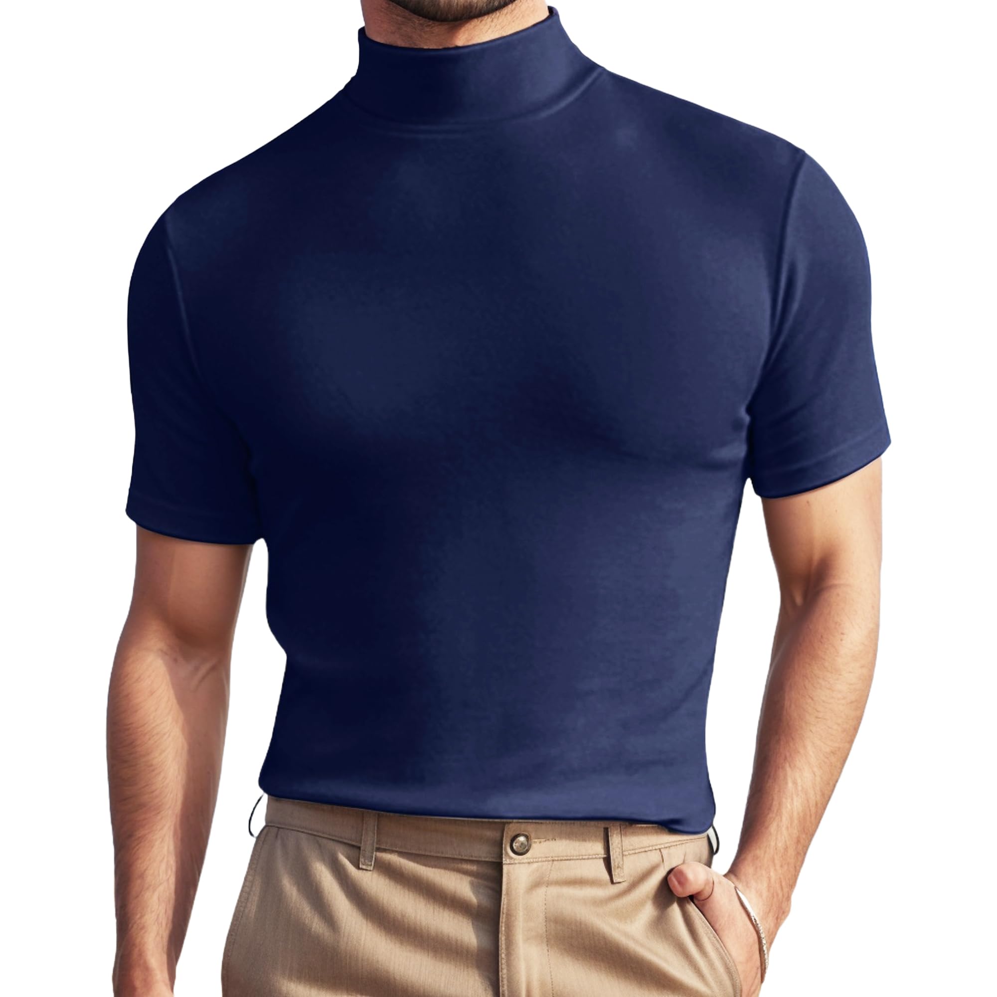 Men Fashion Short Sleeve Turtleneck T Shirt Slim Fit Pullover Top Thermal Shirts-image-10