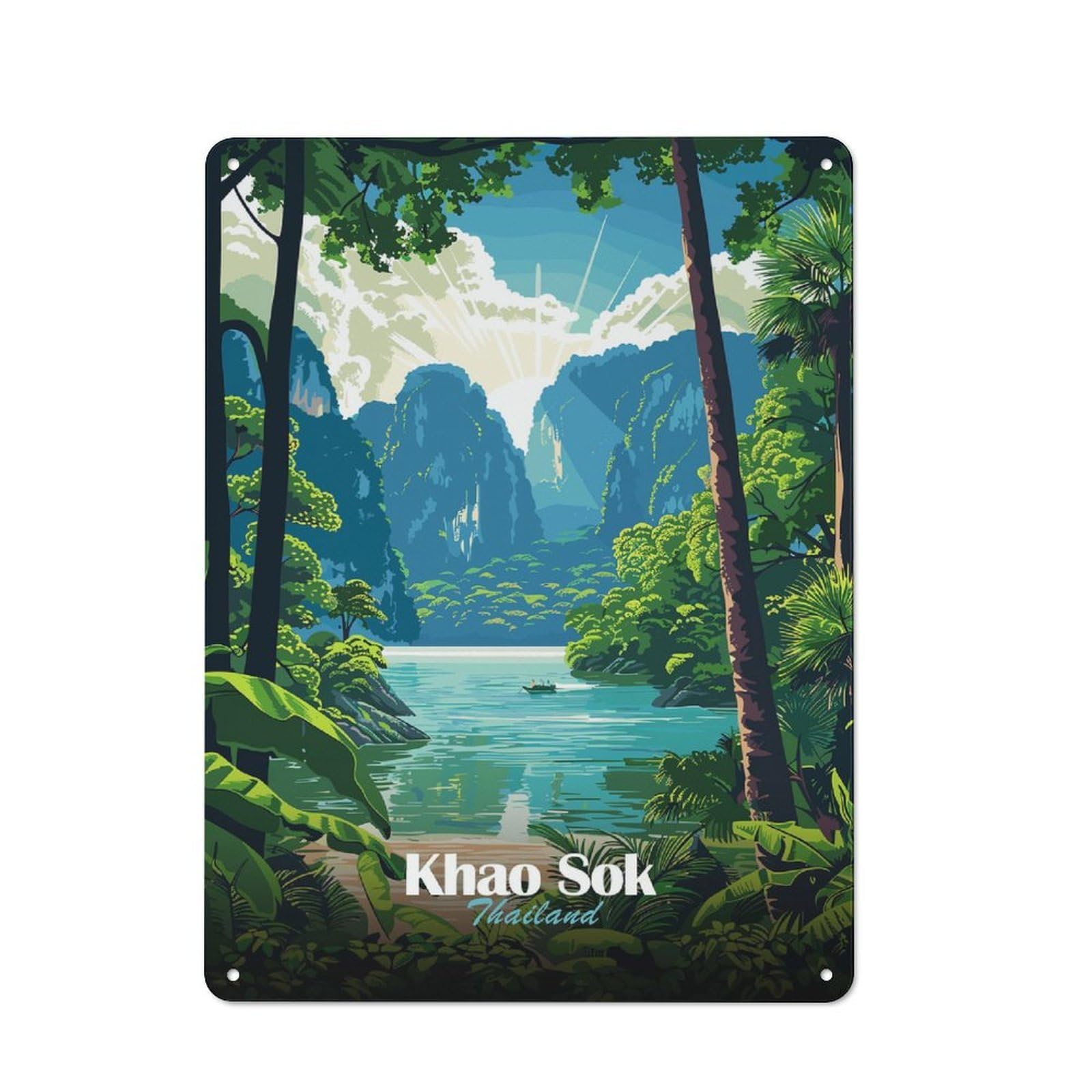 Junmoney Style-23 Khao Sok Thailand Landscape Illustration Retro Metal Sign 40X30cm For Dining Room Or Kitchen, For Vintage Wall Decor Fans, For Kitchen And Home Bar Decor