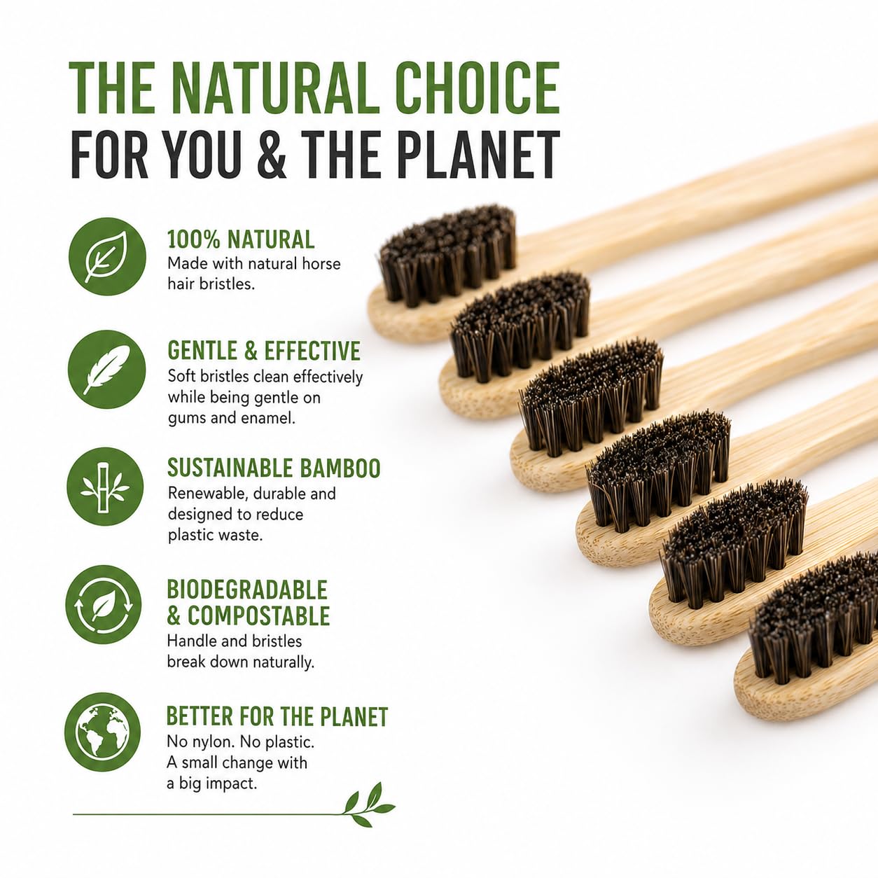 Gaia Guy Spazzolino da denti in bambù morbido in crine di cavallo, setole naturali, senza nylon o plastica, completamente compostabile e biodegradabile, per denti e gengive sensibili