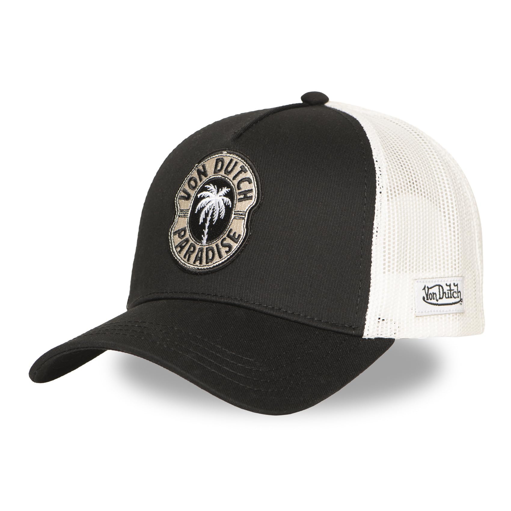 Von Dutch Czapka z daszkiem Trucker, czarno-biała, oddychająca siatka, logo palmy Paradise, regulowana