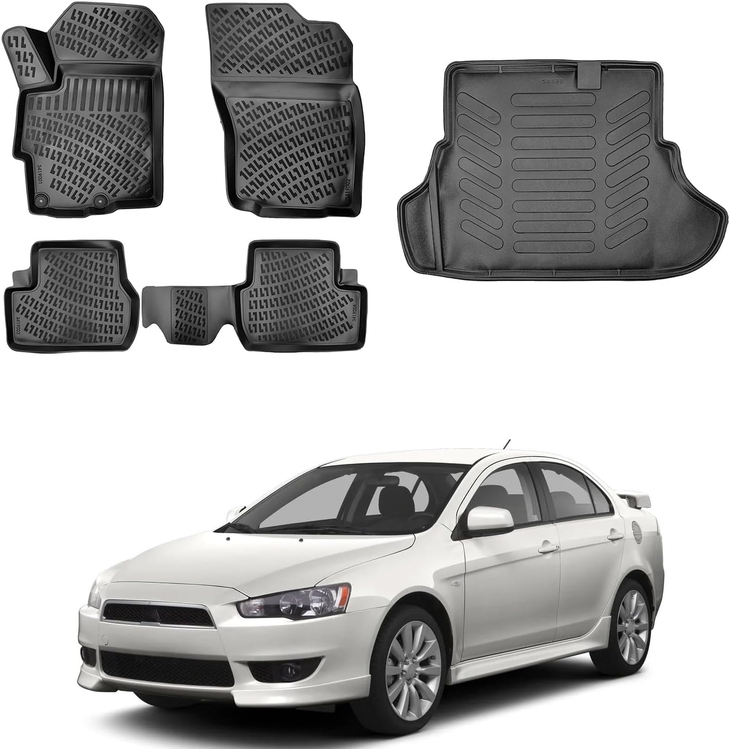 Floor Mats & Cargo Liner Set for Mitsubishi Lancer 2008-2017 | Black TPE All Weather Custom Fit Floor Liner for 1st 2nd Rows and Trunk Car Mats