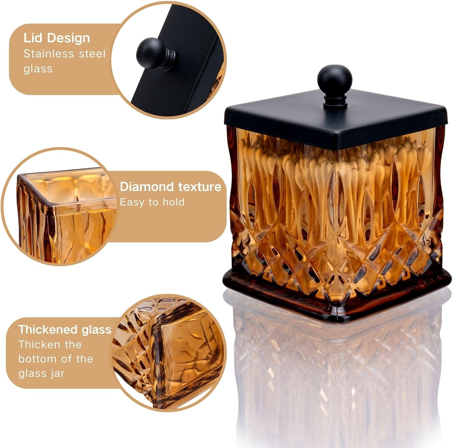 Qtip Holder,15Oz Amber Glass Apothecary Jars with Matte Black Lids for Bathroom Organization & Desk Storage,Thick Glass Apothecary Jars for Q-Tips,Cotton Rounds,Jewelry,Candy,Square