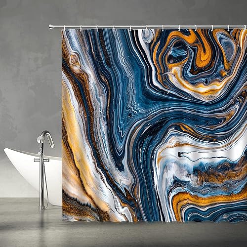 Miniatura 2 de YSATNSFT Cortina de ducha de mármol abstracta naranja azul mármol textura patrón de fondo de tela de impresión gráfica de lujo líneas geométricas