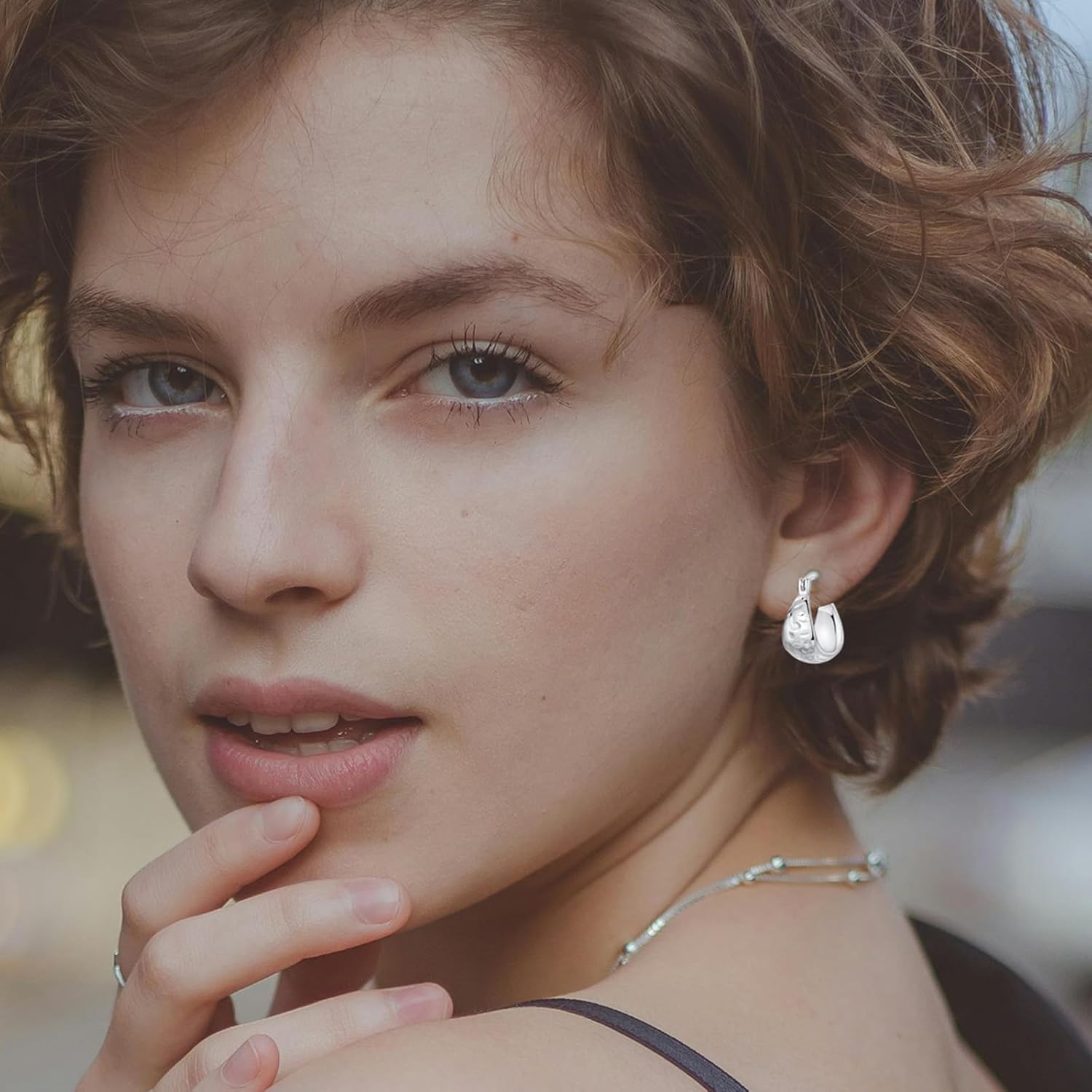 Hapour Sterling Silver Hammered Chunky Hoop Earrings for Women Hypoallergenic Thick Lightweight Huggie Earring Everyday Hoop Earrings - Image 3