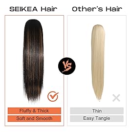 SEIKEA Ponytail Extensions Drawstring Long Straight Fake Pony Tail Natural Soft Clip in Hair Extension Synthetic Heat Resistant Hairpiece 28 Inch Ombre Black Roots Black Caramel Blonde Highlights