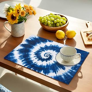 Placemats Blue Tie Dye Vortex Psychedelic Table Mats Set of 6, Washable Heat Tolerant Abstract Ethnic Tribal Style Placemats for Indoor Kitchen Dining, Outdoor Party Dinner,13x19IN