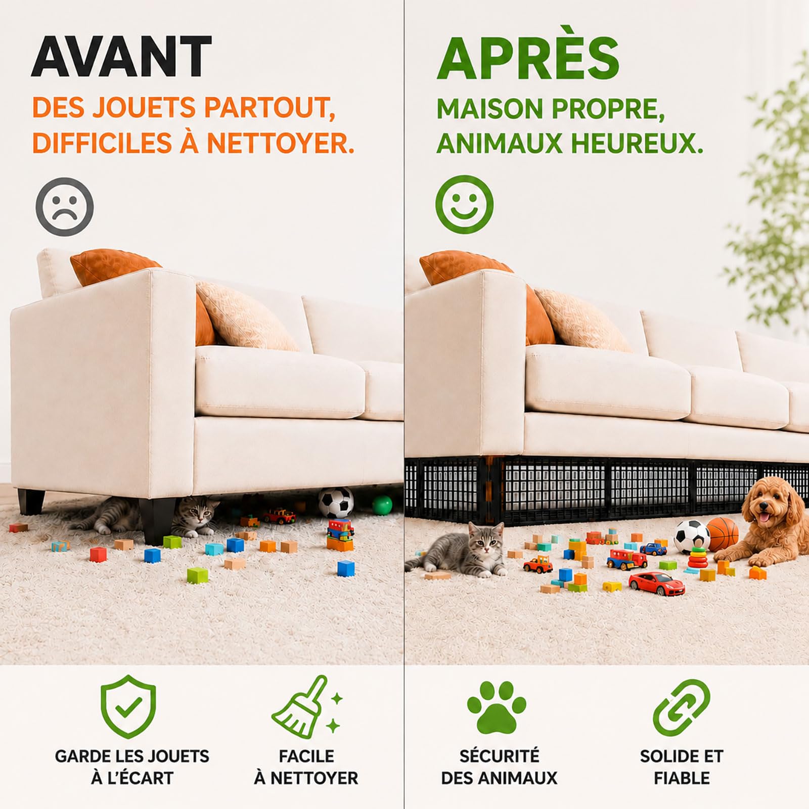 12 Pièces Bloqueurs de Jouets sous Canapé pour Animaux, Réglable Bloqueur sous Lit & Sofa, Barrière Plastique pour Interstice, Protection Meuble avec 20 Attaches