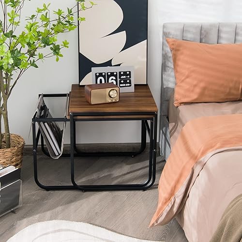 Miniatura 8 de Giantex Juego de 2 mesas auxiliares apilables con bolsillo lateral, mesita de noche acentuada, mesa auxiliar industrial con marco de acero para sala