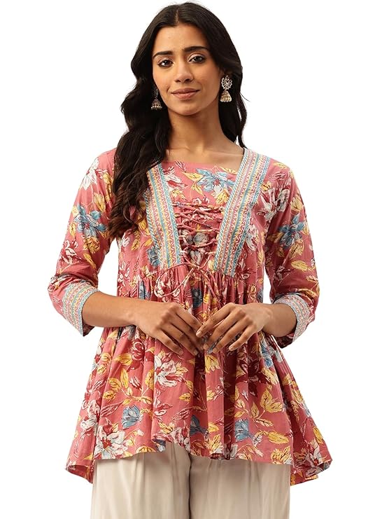 Princess Cut Top for Women – 3/4 Sleeves with Front Drawstrings (S-XXL) – Pink