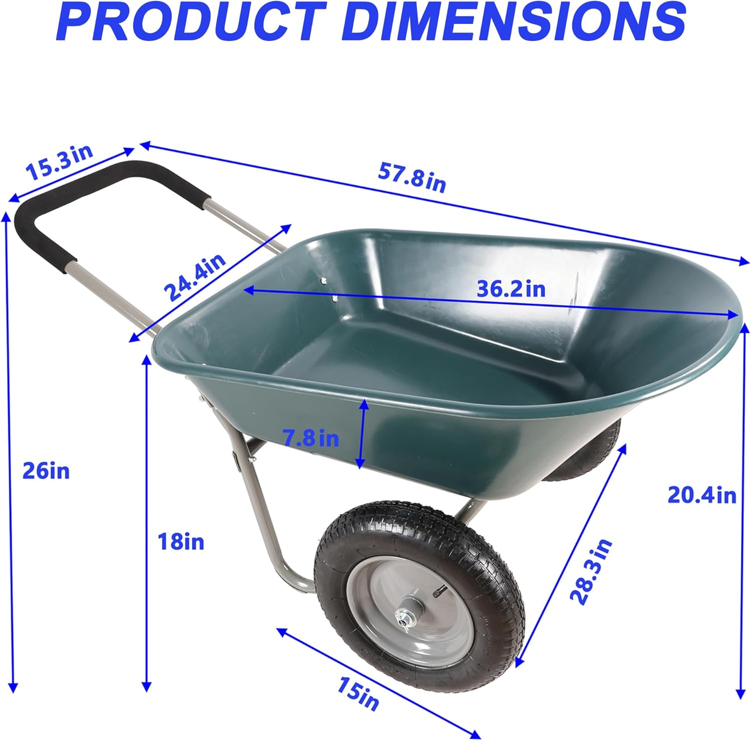 Two-Wheelbarrow, Garden cart, Unicycle, 15-inch Pneumatic tire, Heavy Garden cart, Bearing up to 330 pounds.