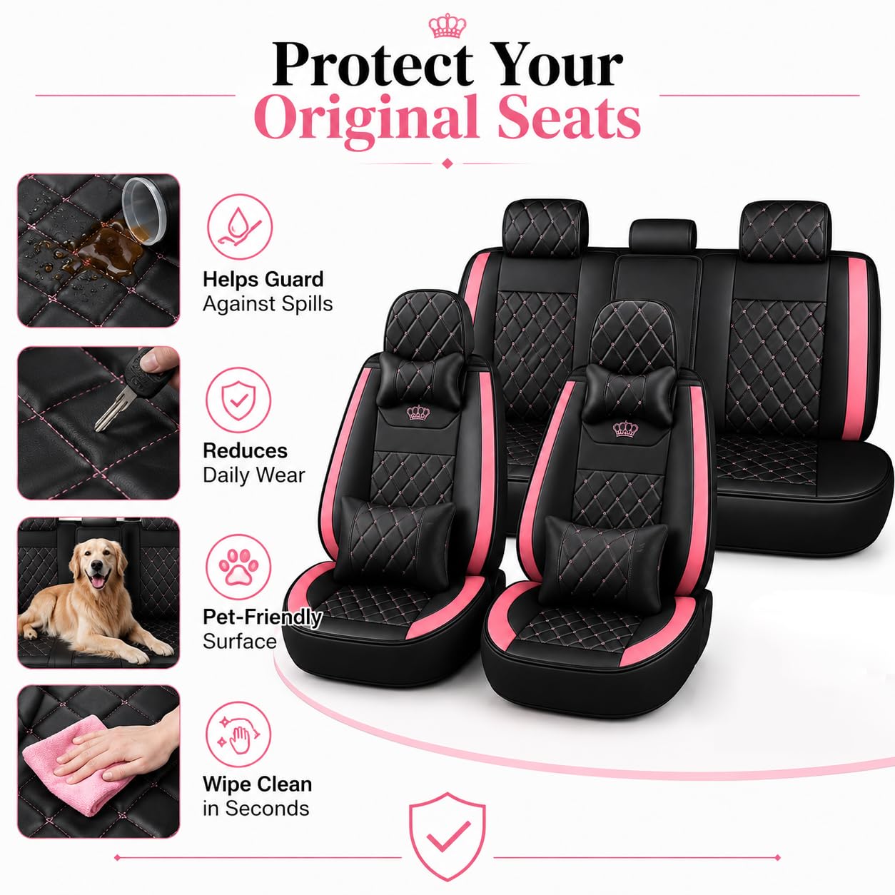 Komplettset Autositzbezüge aus atmungsaktivem Kunstleder Für Vorder- und Rücksitze inkl. Kopfstützen - reduziert Fahrermüdigkeit - passend für die meisten Pkw (Pink + schwarz, Vorder- & Rücksitze)