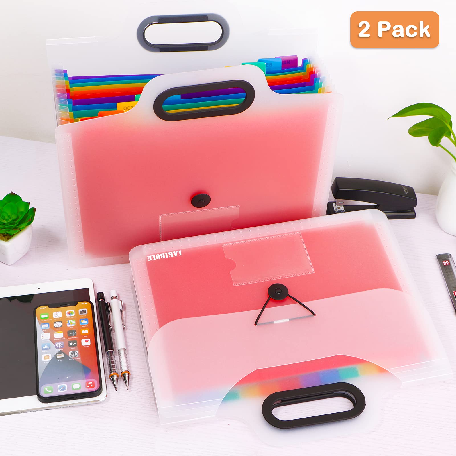 2Pack 13Pockets Expanding File Folder with Handle, Plastic Expandable