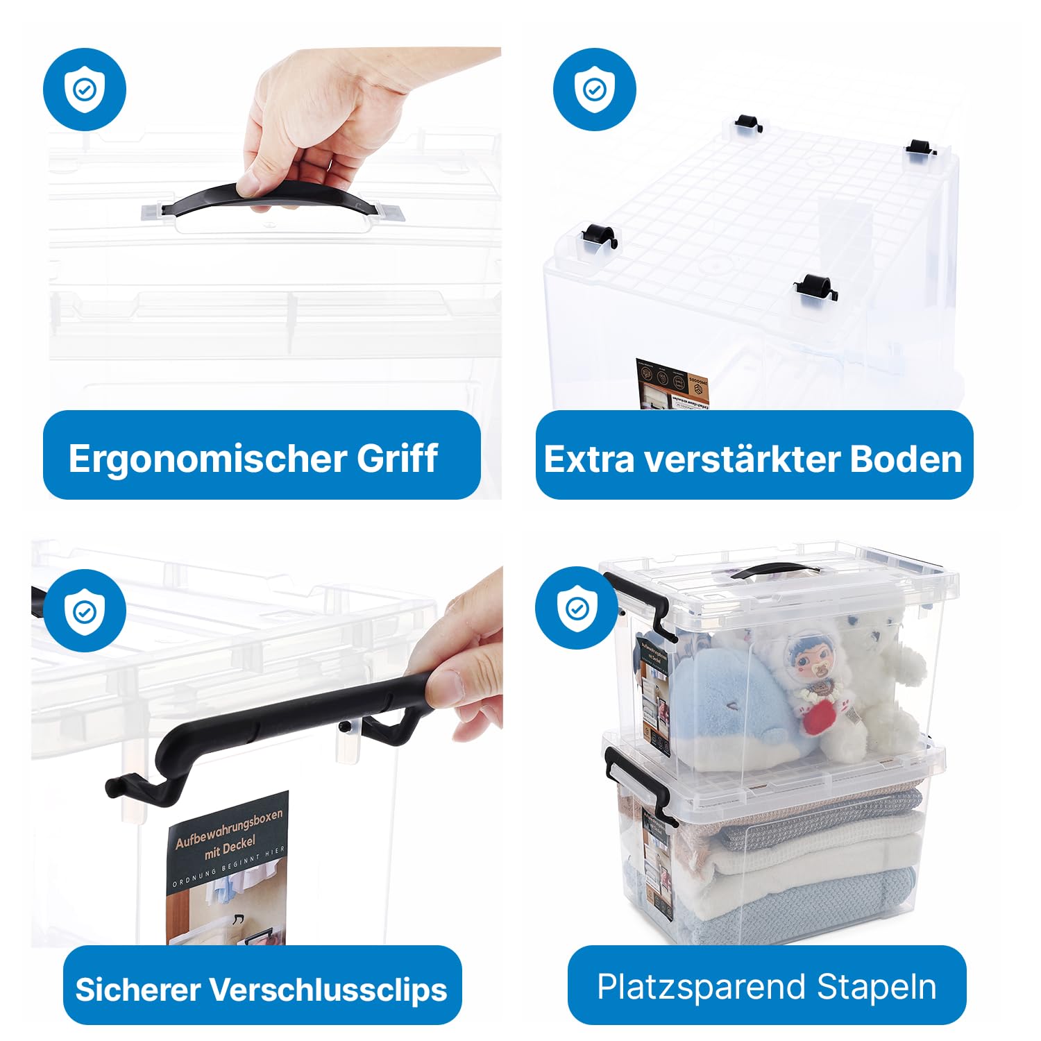 4er Set 45L robuste Aufbewahrungsboxen mit Deckel L53.5xB39xH32.5 cm inkl. Tragegriff, Plastikboxen, stapelbar, lebensmittelecht, transparente kleine Kisten für Wohnung, Werkstatt & Keller