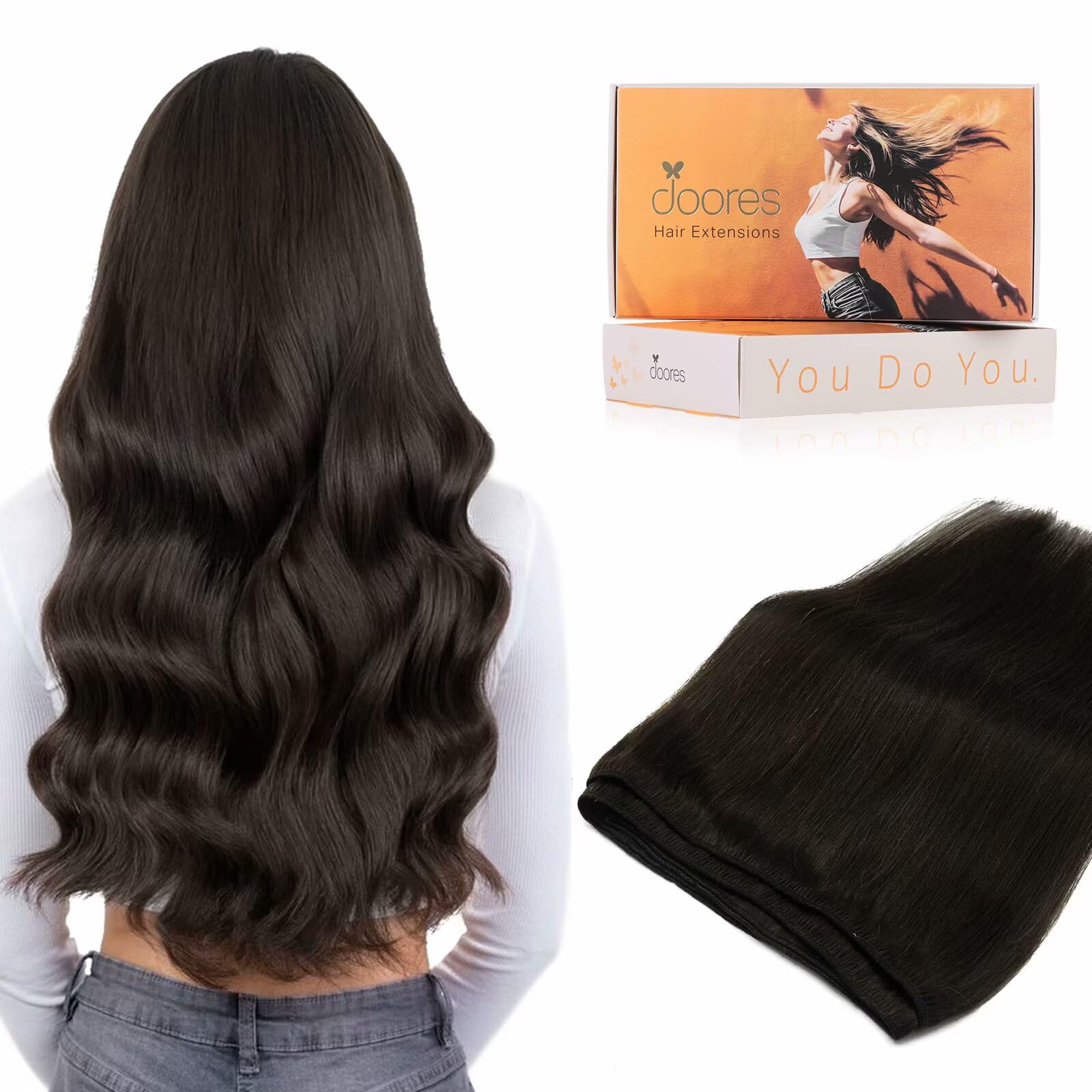 DOORES Sew in Hair Extensions, 20 Inch 100g Dark Brown, Human Hair Extensions Weft, Hand Tied Long Straight