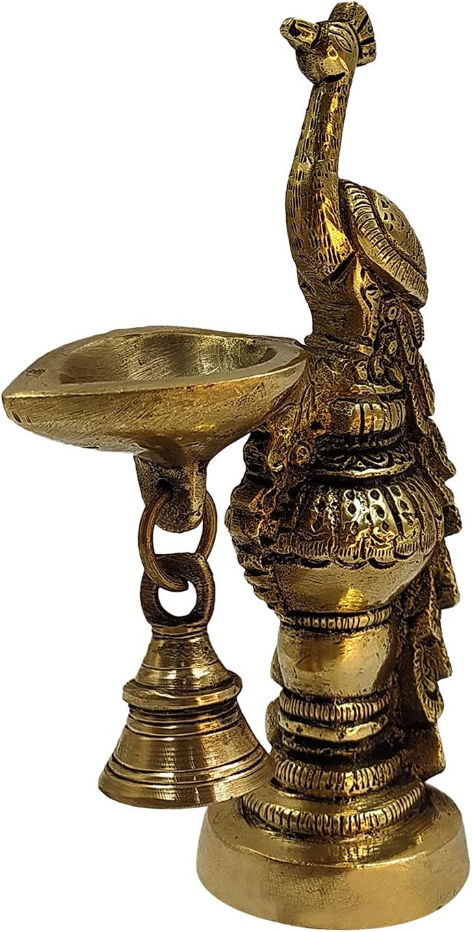 Kartique Brass Peacock Decorative Diya with Traditional Bell Antique Deepak Design Table Decor with Stand for Home Diwali Gift Temple Pooja Gold Color Height 6.5 Inch Set of Two