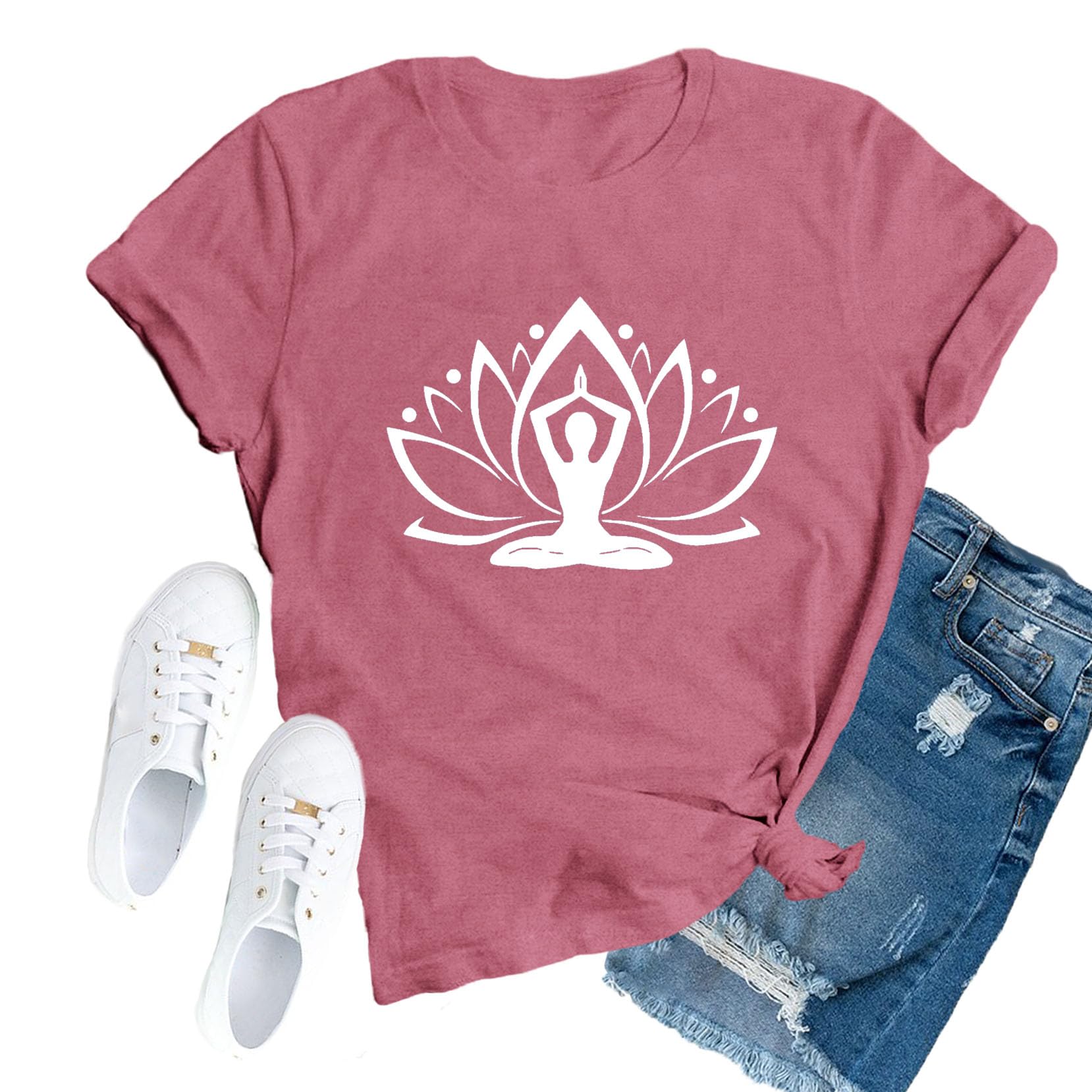 TUPOSU Yoga Shirts for Women Pilates Workout T-Shirt Lotus Flower Meditation Tee Tops