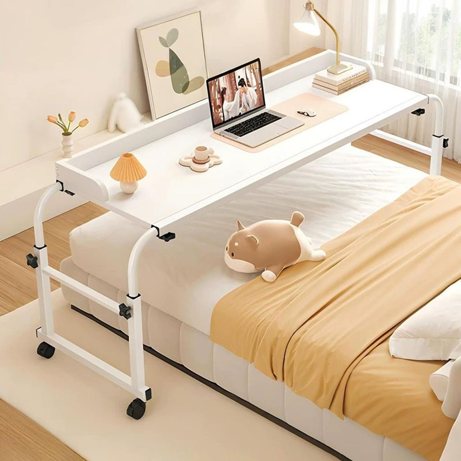 GXQFC Mobile Over Bed Desk, Rolling Medical Table with Wheels Adjust Height 65-95cm Laptop Cart Bed Tables Width Adjustable 115-210cm for Work Gaming Breakfast Applying Makeup(Color:White)
