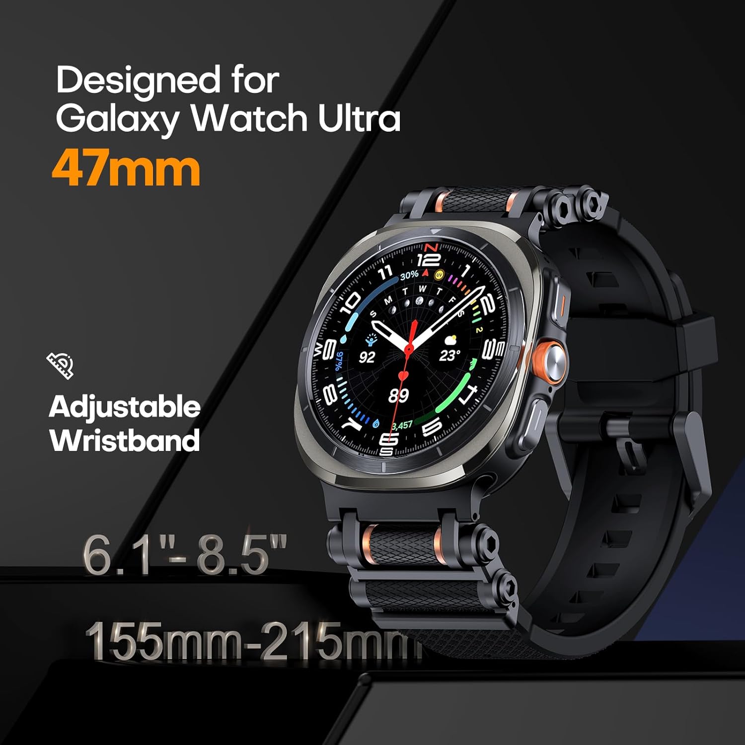 TAURI Designed for Samsung Galaxy Watch Ultra Bands 47mm (2025/2024) [Durable Liquid Silicone Strap + Stainless Steel Metal Connector] Military Rugged Band for Galaxy Watch 7/8 Ultra Men Women, Black