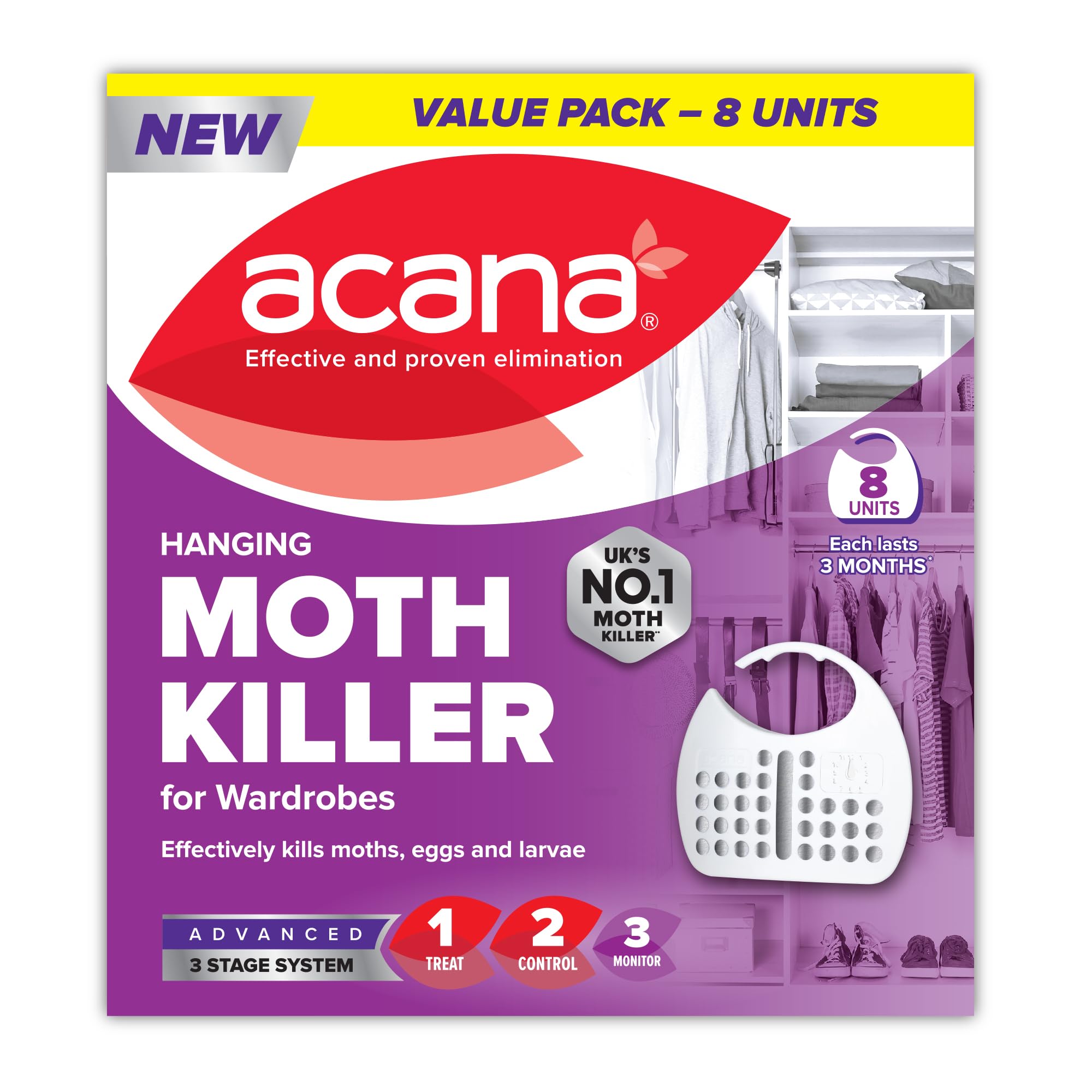 Acana Hanging Moth Killer & Freshener, 8 Pack - Lavender Fragrance, Natural Oils - for Wardrobes - Protects Clothing & Bedding - Each Lasts Up to 3 Months