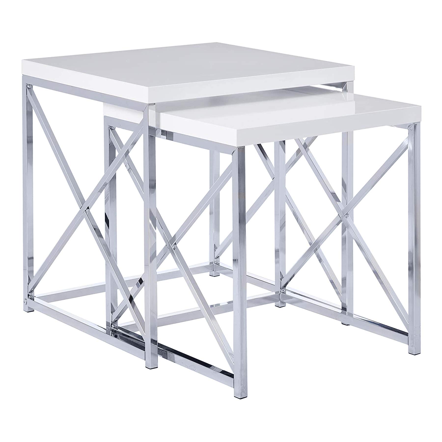 Monarch Specialties Glossy White and Chrome Metal Nesting Table Set, 2-Piece