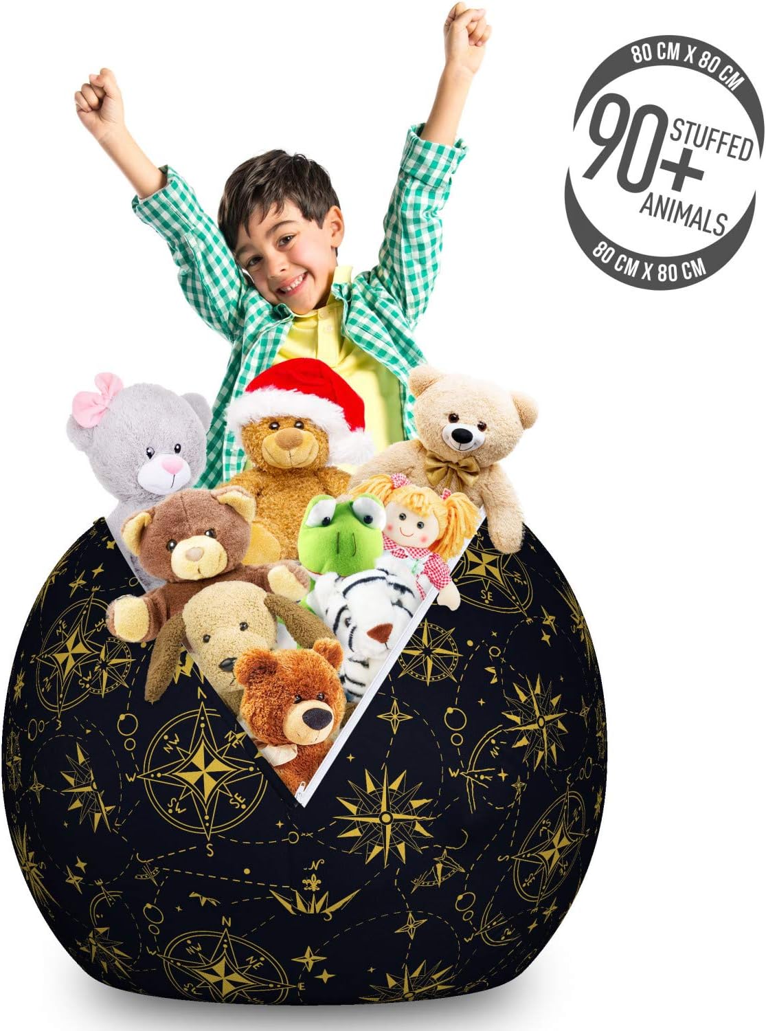 Ambesonne Compass Storage Toy Bag Chair, Bicolour Design of Windroses Stars and Dashed Lines Shapes, Stuffed Animal Organizer Washable Bag, Large Size, Night Blue Yellow