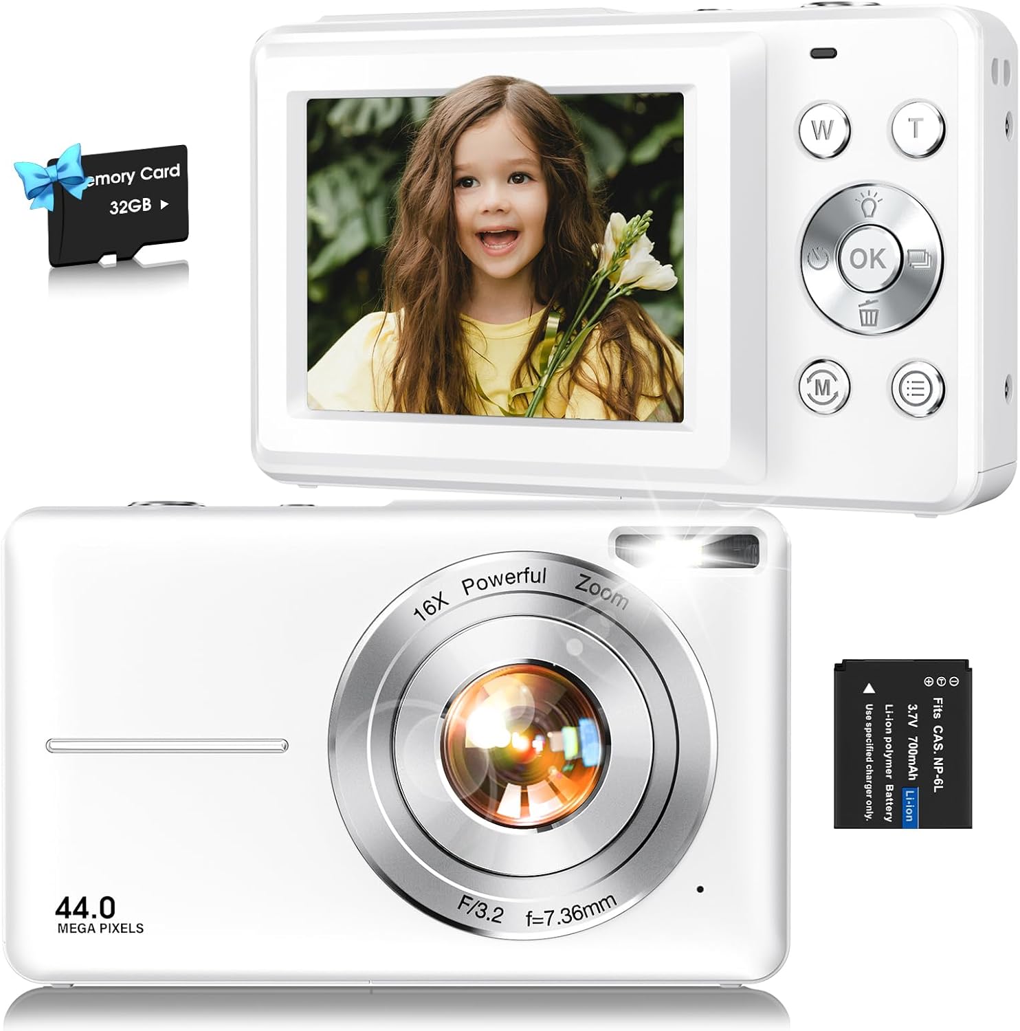Digital Camera,FHD 1080P Kids Camera 44MP Point and Shoot Digital Cameras with 32GB Card,16X Zoom,Anti-Shake,Date Stamp,Compact Small Cameras Photography for Kids Student Teen Girl Boy(White)