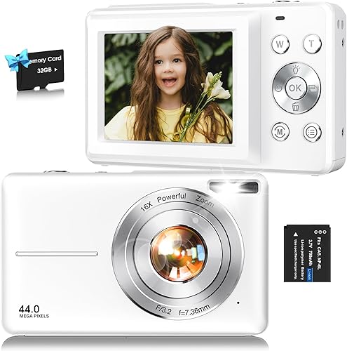 Miniatura 10 de Cámara digital, FHD 1080P para niños, cámara digital de 44 MP para apuntar y disparar con tarjeta de 32 GB, zoom de 16X, antivibración, sello