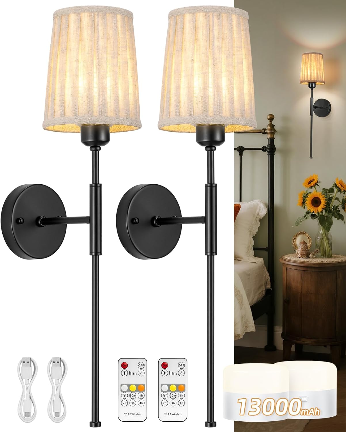 Battery Operated Wall Sconce, Wall Sconces Battery Operated, Wireless Wall Sconces Set of Two, Rechargeable Wall Sconce with 13000mAh Bulb, Battery Wall Lamp/Lights for Bedroom, Linen Black