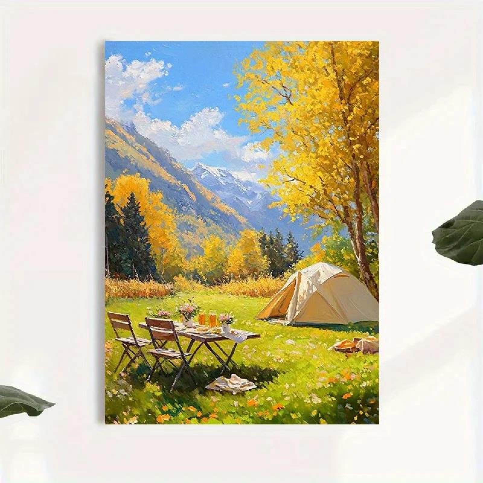 Yocheng Autumn Camping Canvas Print - Serene Mountain & Forest Scene With Tent,Chairs,And Picnic Setup,Perfect For Home 50x70cm No Frame