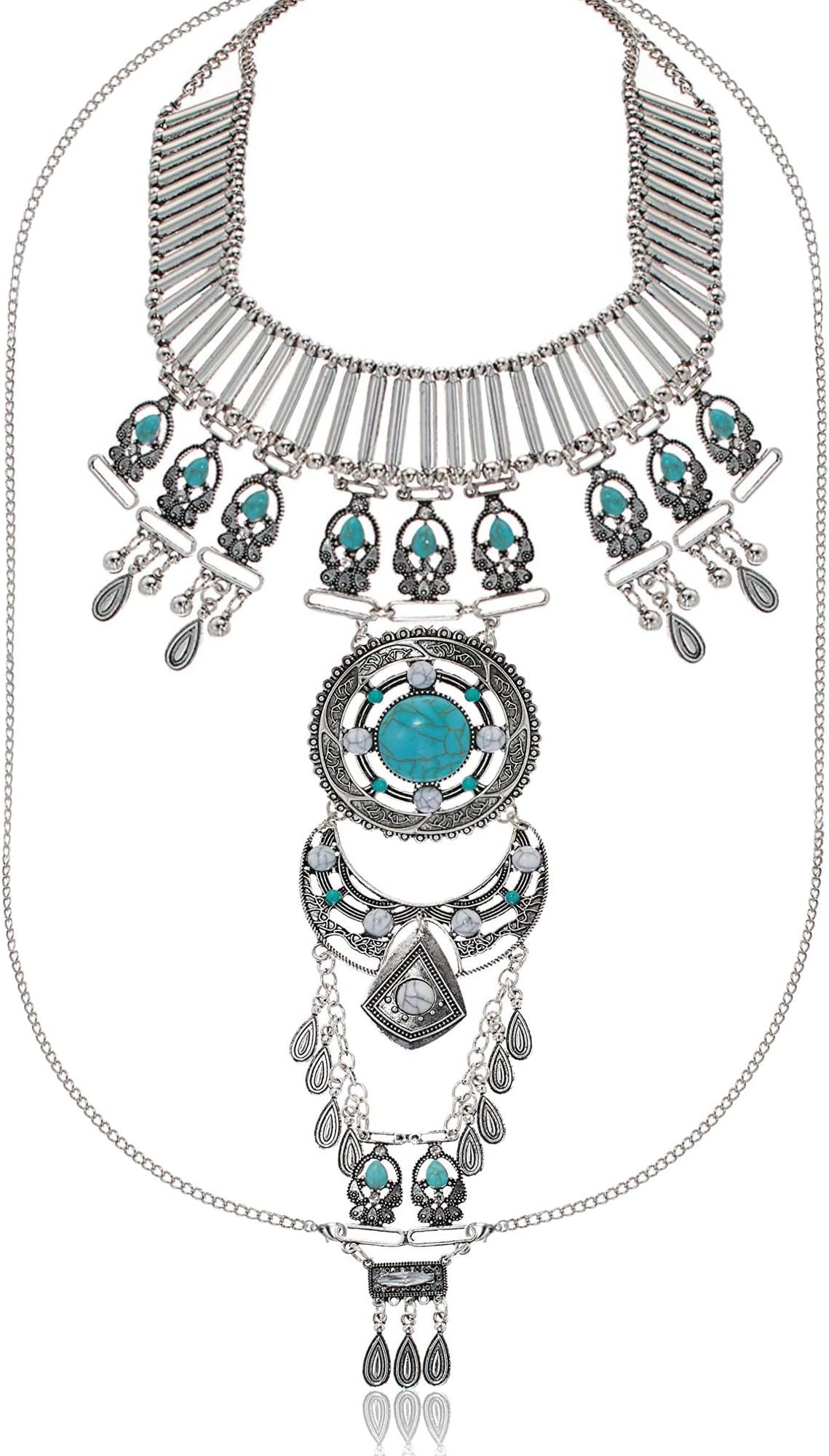 Boho Statement Turquoise Body Chain Necklace for Women, Gold Crossover Bikini Bra Body Jewelry Summer Beach Belly Waist Chain For Girls