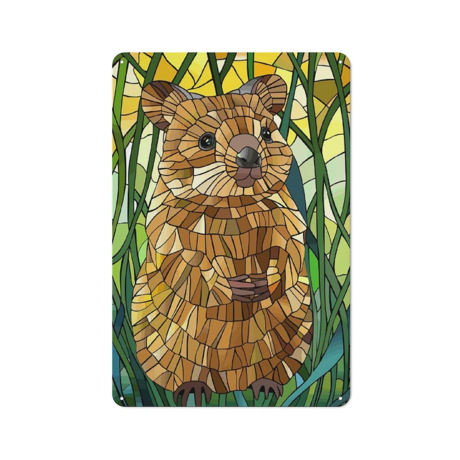 Junmoney Style-24 Stained Glass Quokka In Nature Rustic Tin Wall Plaque 30X20cm For Hobby Room Or Studio, A New Home Present For Creative Interior Collectors
