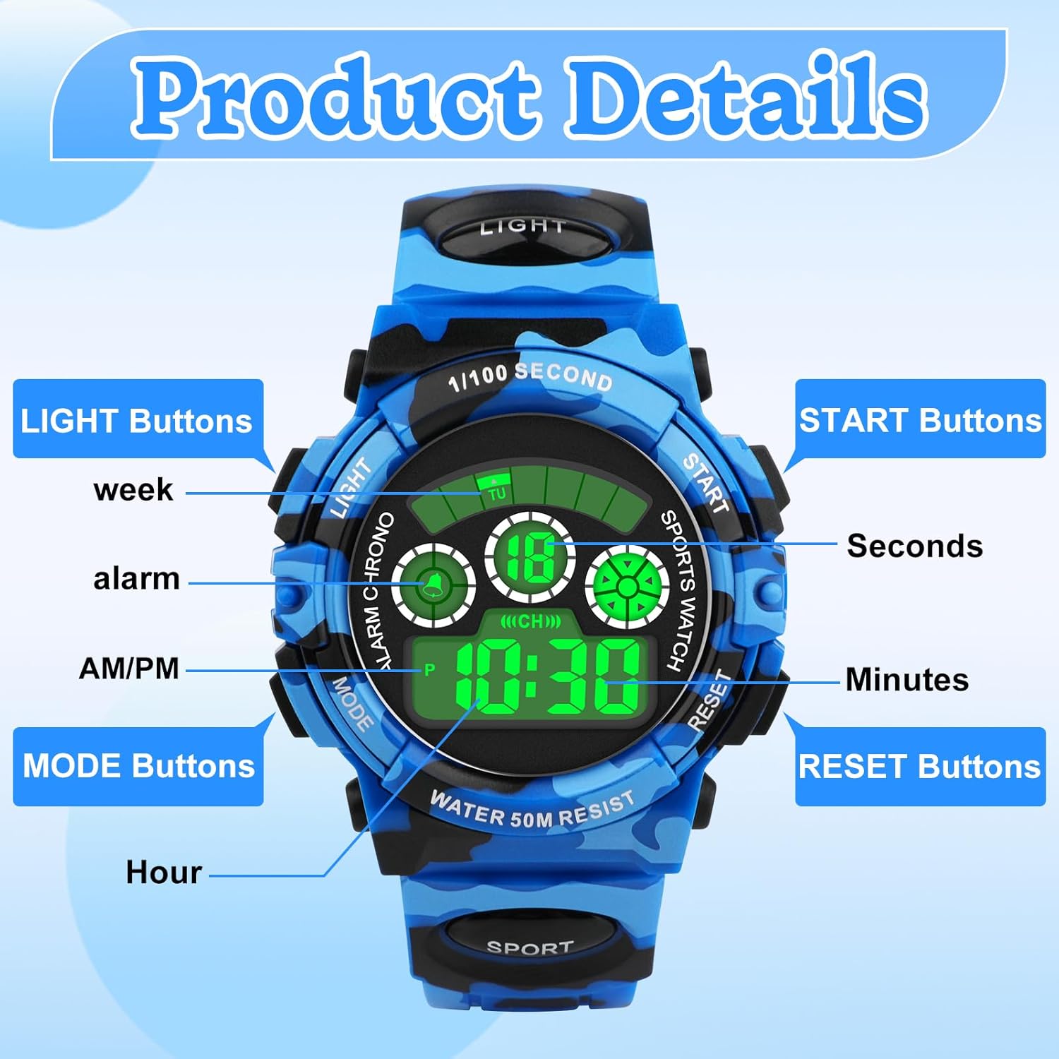 Edillas Kids Watches Boys Digital, 7 Colors LED Lights 50M Waterproof Wristwatches for Children Students Teenagers Sport Outdoor Multifunctional with Stopwatch/Alarm Ages 7-15