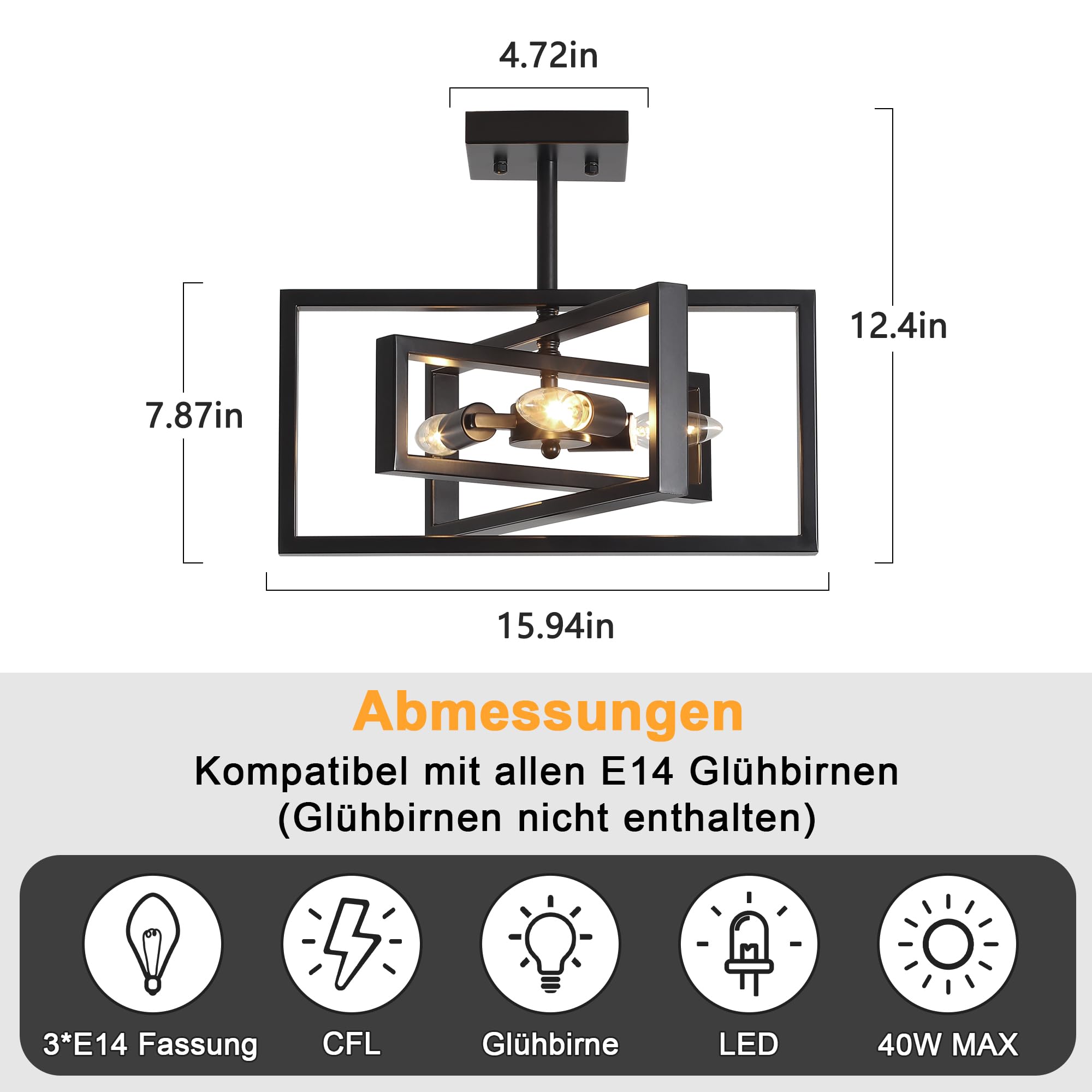 Deckenlampe Wohnzimmer Schwarz - 3 Flammig Deckenleuchte Schlafzimmer - E14 Kronleuchter Vintage Industrial für Küche, Esszimmer, Flur, Eingang