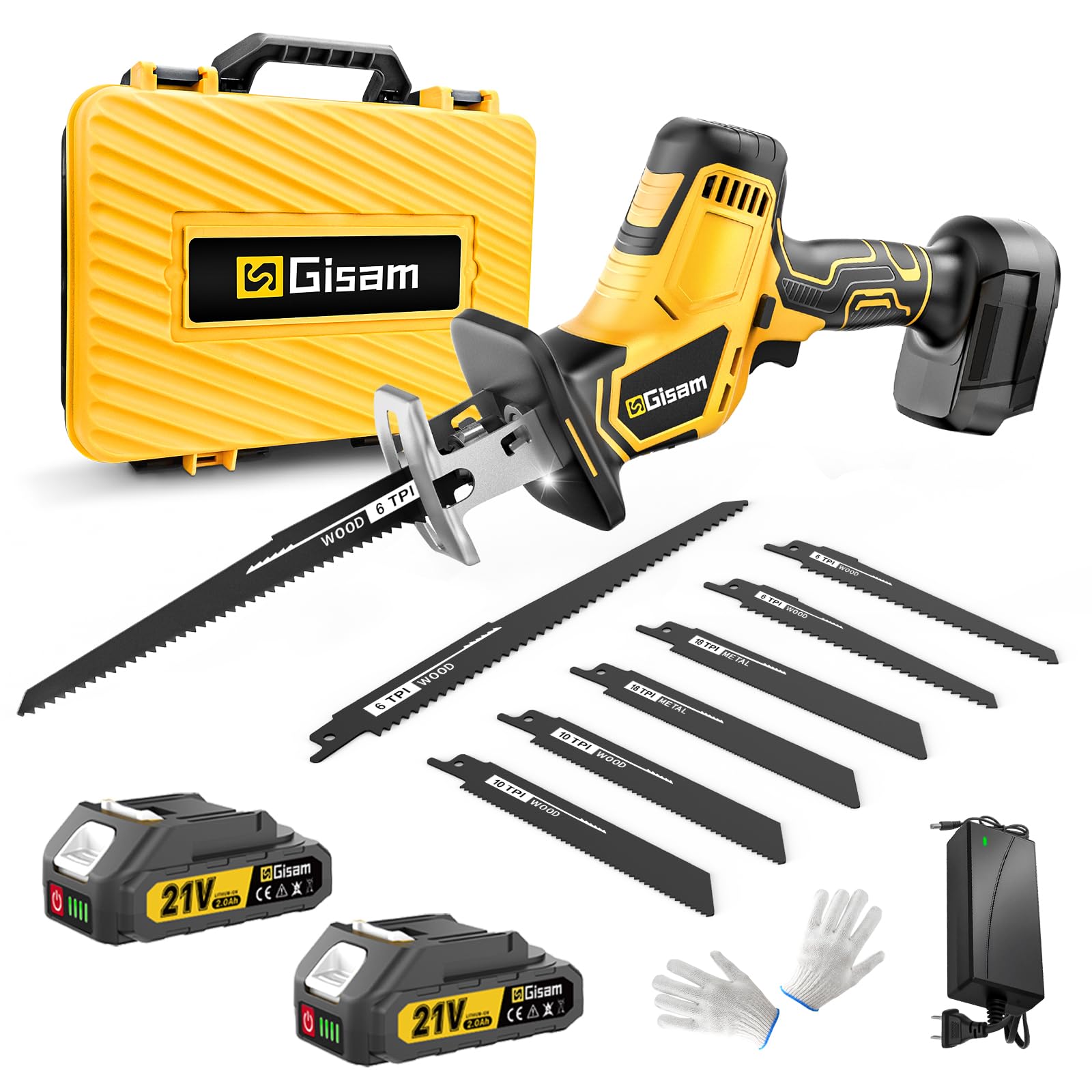 Gisam Battery Reciprocating Saw, 3500 SPM Brushless Quiet Motor, 2 x 4.0Ah Batteries and 8 Saw Blades, Electric Foxtail Saw for Wood, Metal, PVC