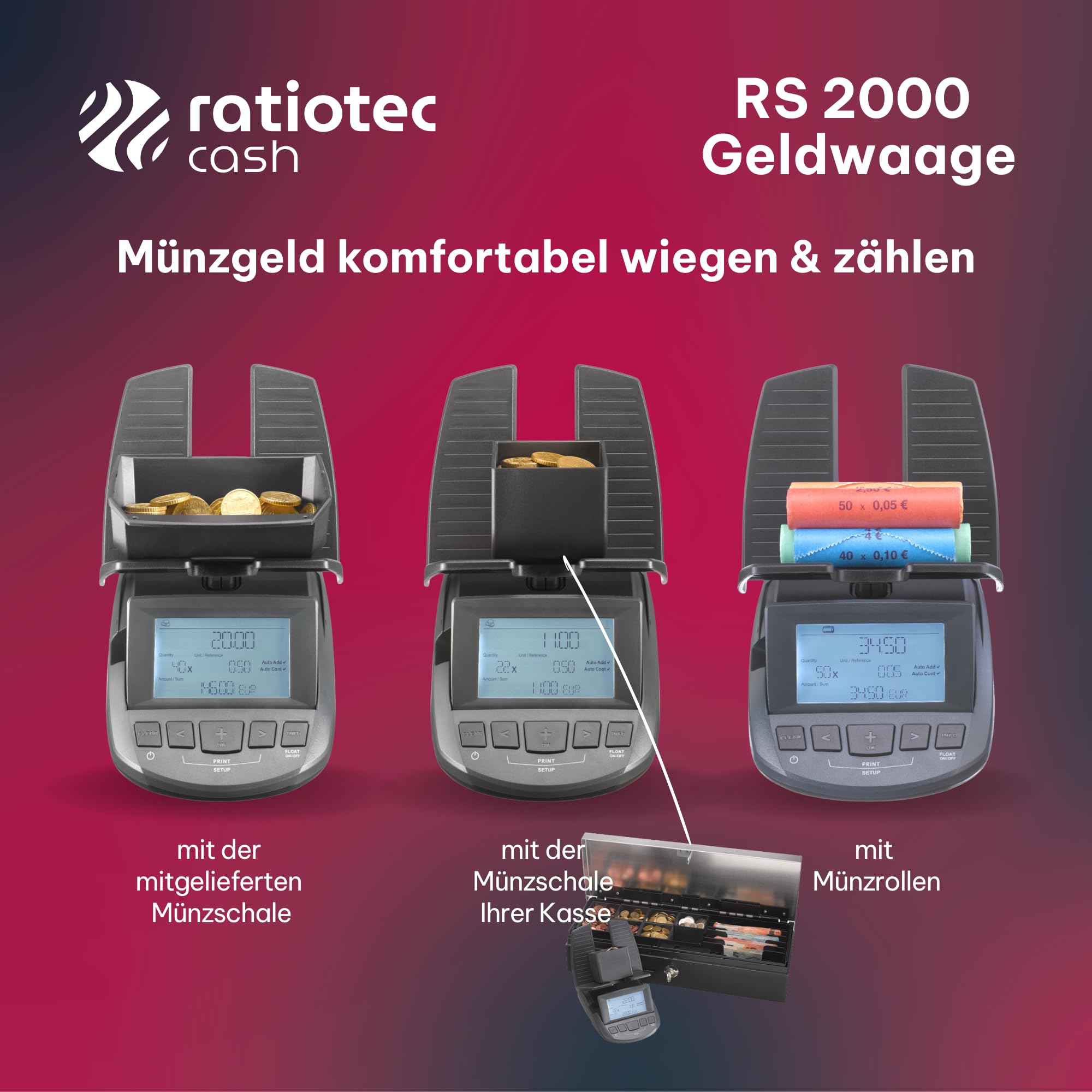 ratiotec RS 2000 Geldwaage - Geldzählmaschine für Scheine und Münzen - Münzzähler mit dynamischer Wiegefunktion - Kassenabrechnung in unter 2 Min. - Made in Germany