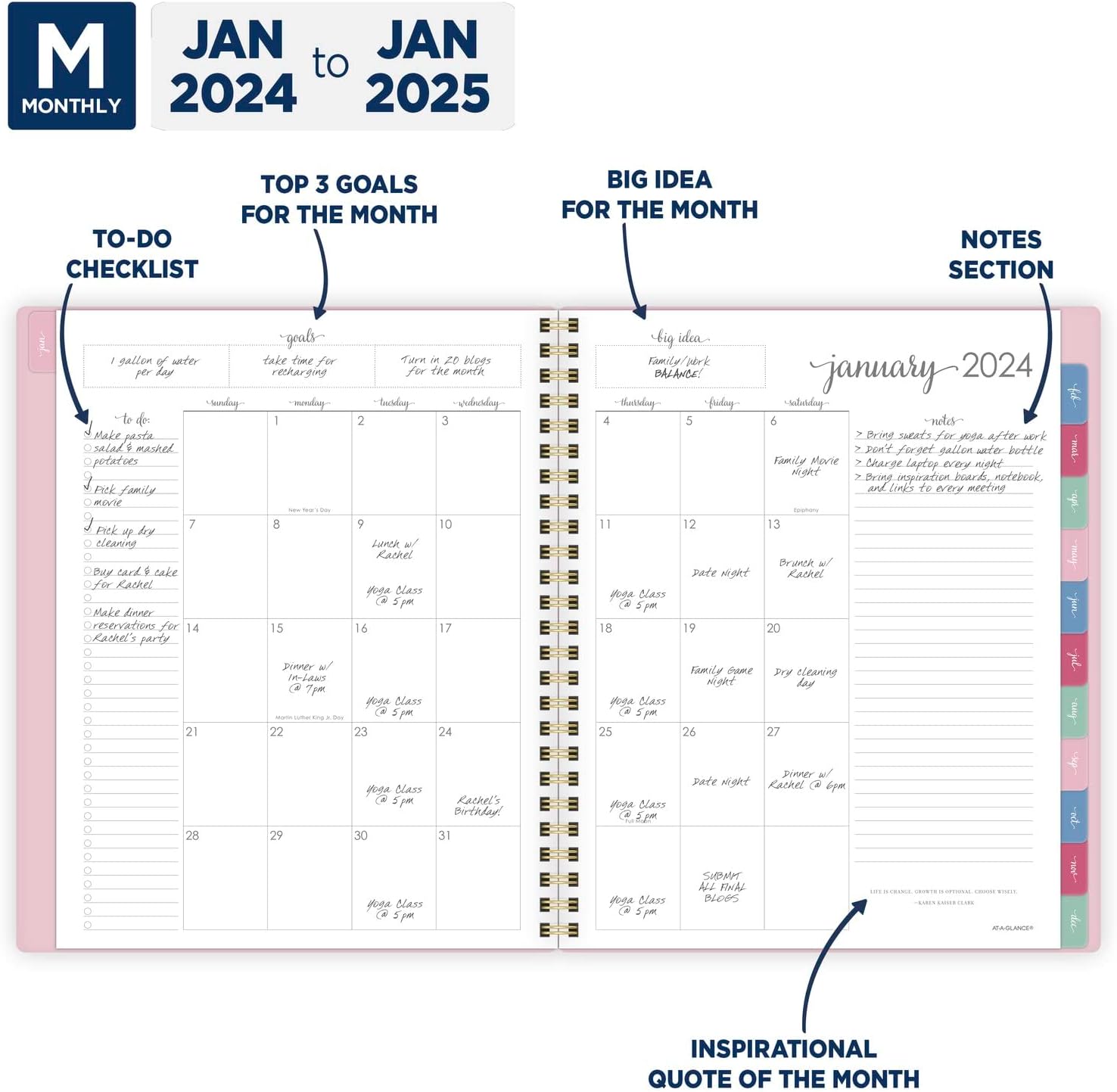 AT-A-GLANCE 2024 Weekly & Monthly Planner, 7" x 8-3/4", Medium, Harmony, Pink (1099-805-27-24)