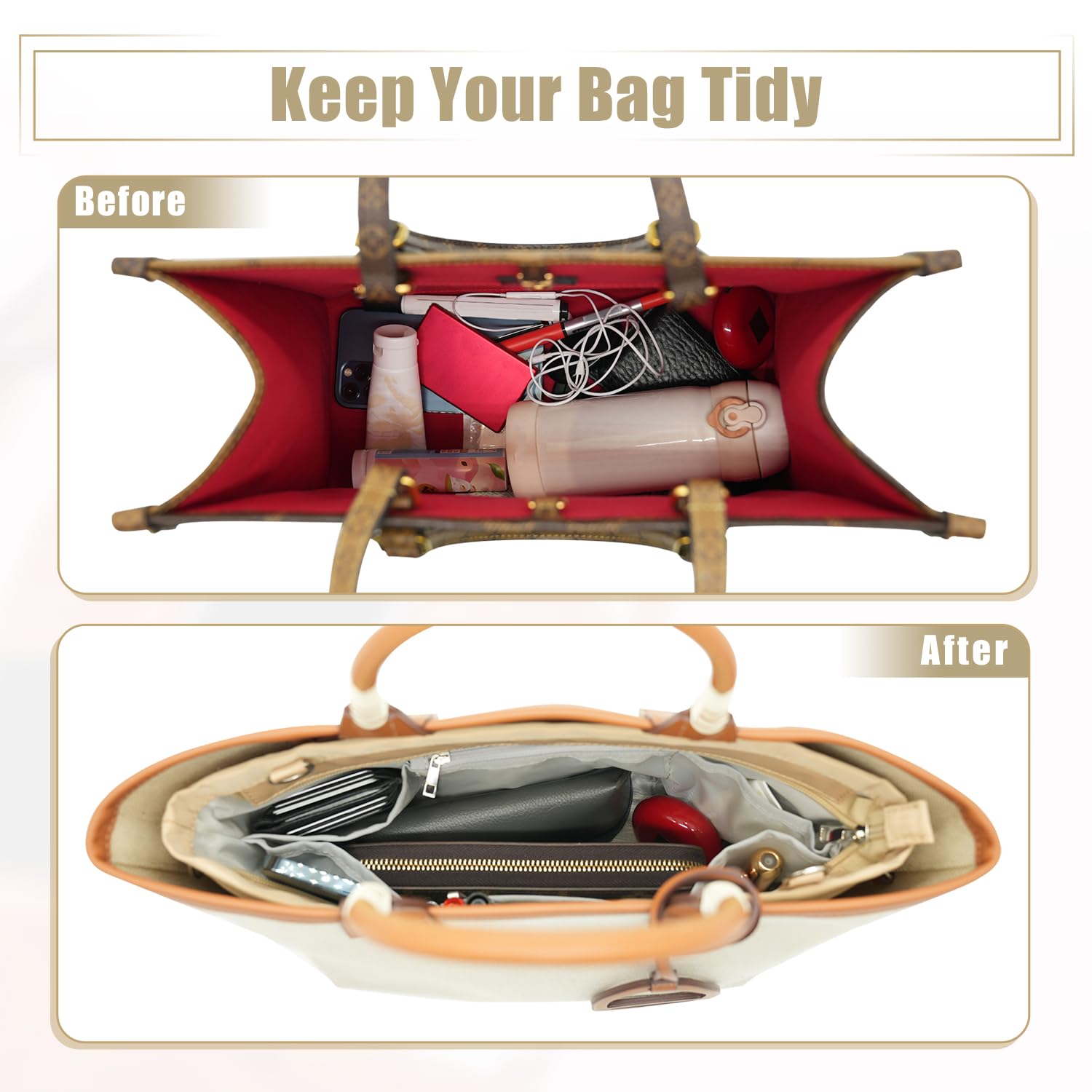 D.DUO Wkładka do organizera do torby, torba crossbody, wkładka do organizera na ramię z regulowanym paskiem do torby, wodoodporne nylonowe wkładki do torebki (beżowy, XL)