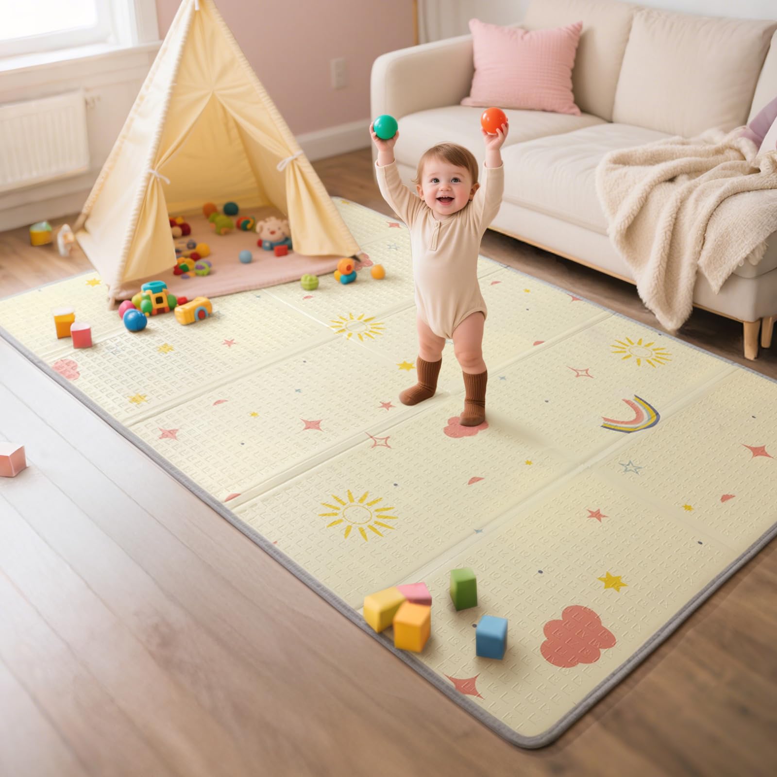 Tapete de juego plegable extragrande reversible para bebé con refuerzo en los bordes, no tóxico, impermeable, de espuma, para bebés y niños pequeños, arcoíris, nube y luna, 47 x 71 pulgadas