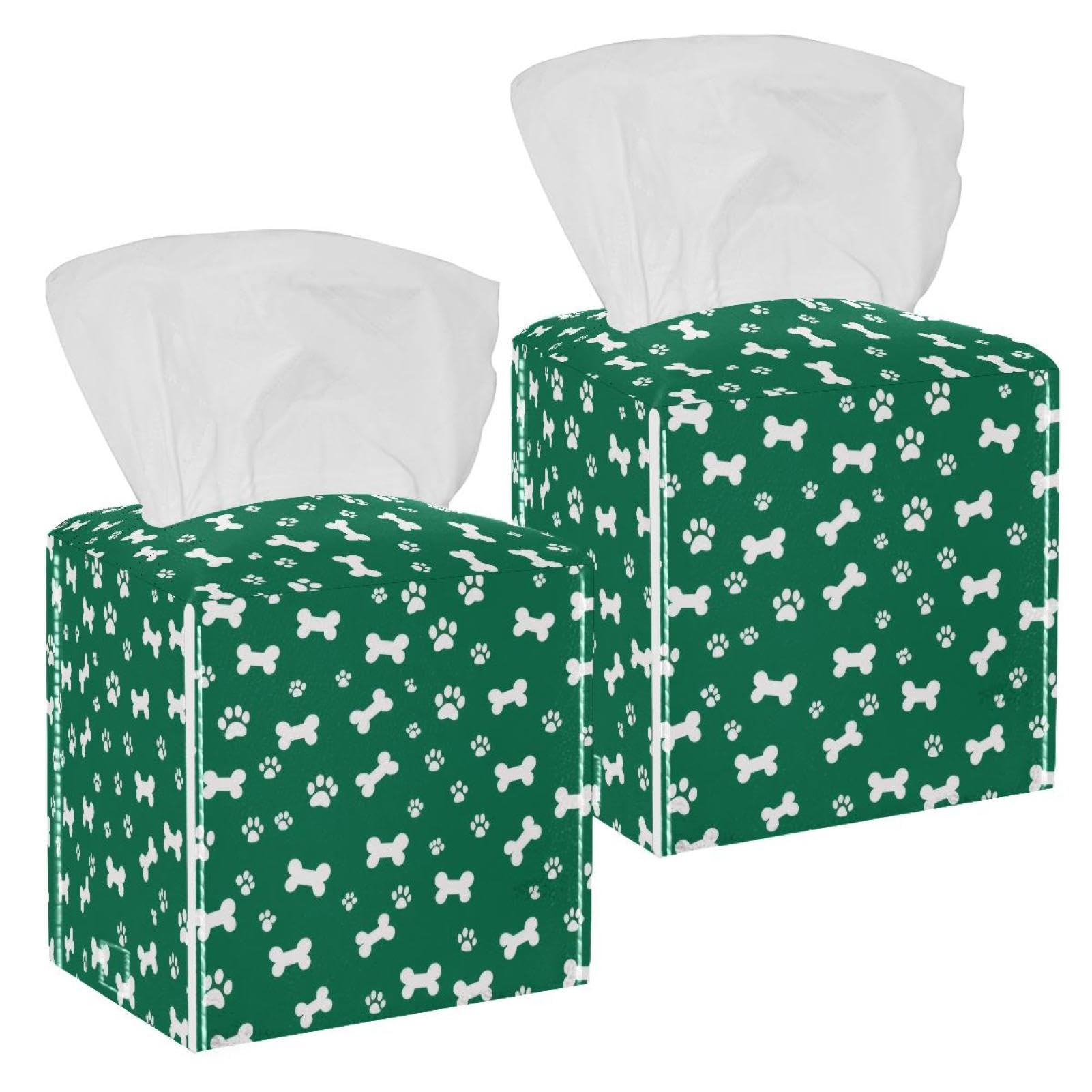 Paws Bones Tissue Box Cover, 2 Pack PU Leather Square Facial Tissue Dispenser Box holder for Home Office Car