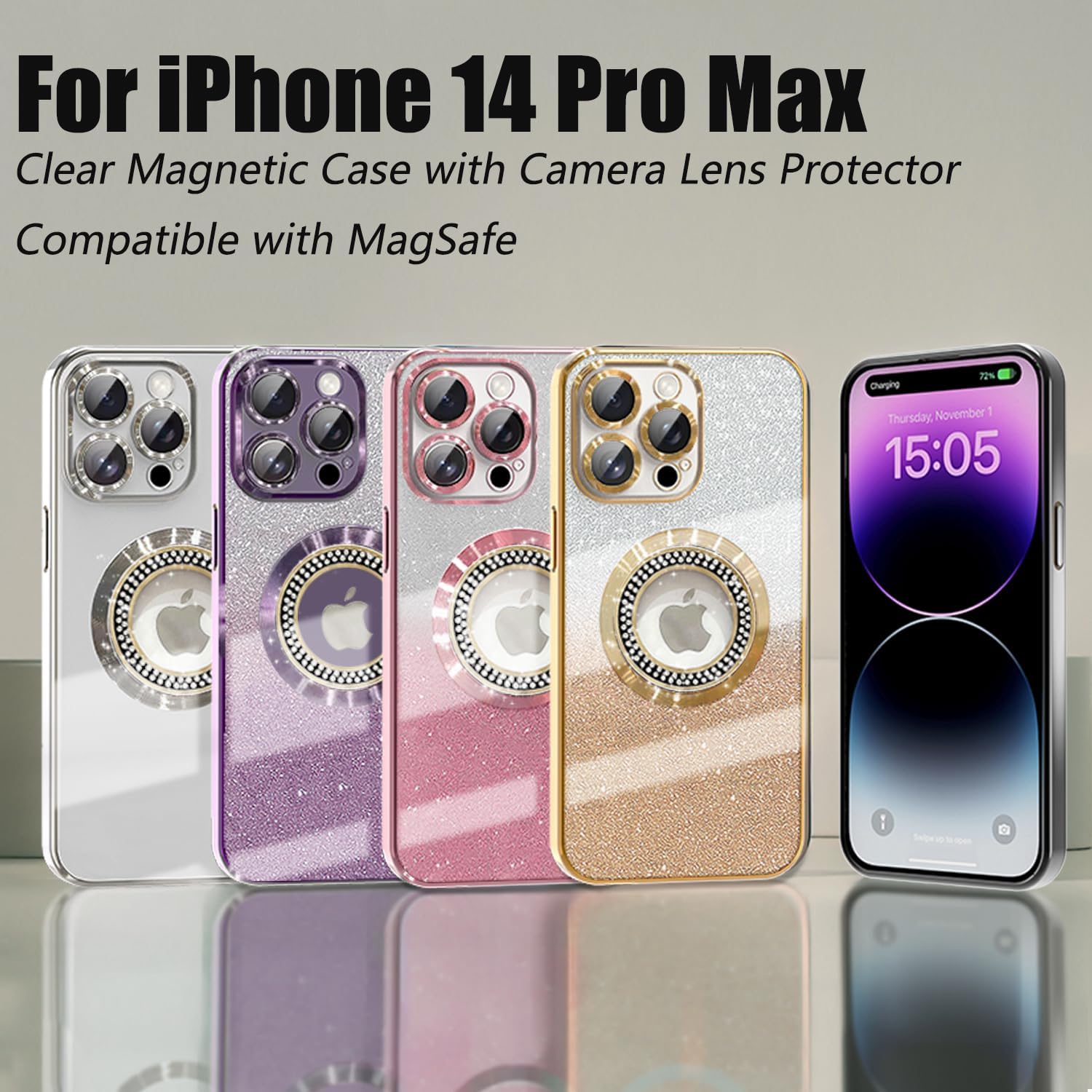 Misscase for iPhone 14 Pro Max Magnetic Glitter Case Compatible with MagSafe,Full Protection Slim Shockproof Anti-Scratch Case with Camera Lens Protector Logo View Dust-Proof Net for Women Purple - Image 7