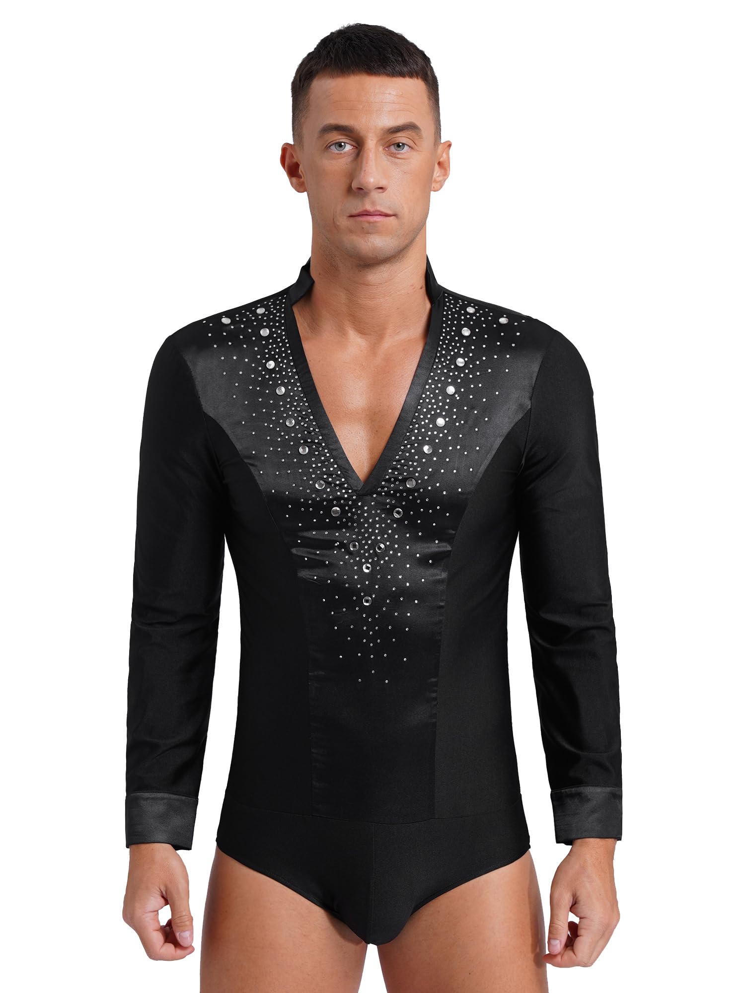 easyforever Color Block V Neck Latin Dance Leotard Long Sleeve Satin Patchwork Bodysuit Tops for Men Black XX-Large